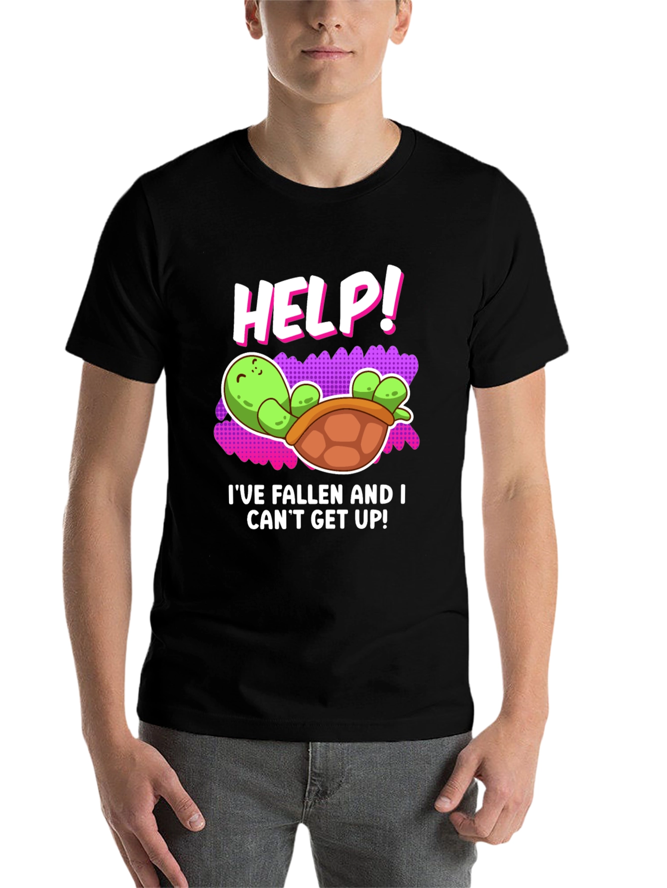 Black Help! Turtle T-Shirt - Funny Fallen Turtle Design view 7