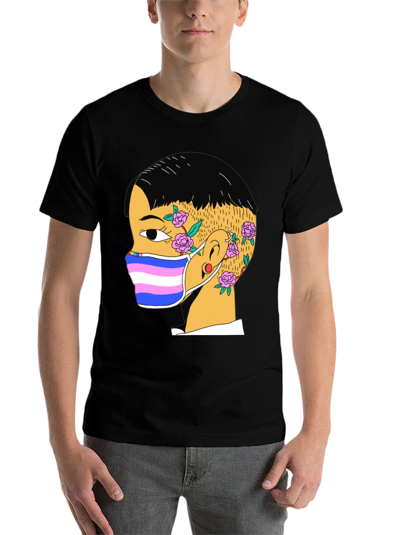 Black Graphic Tee with Trans Pride Mask Design view 7