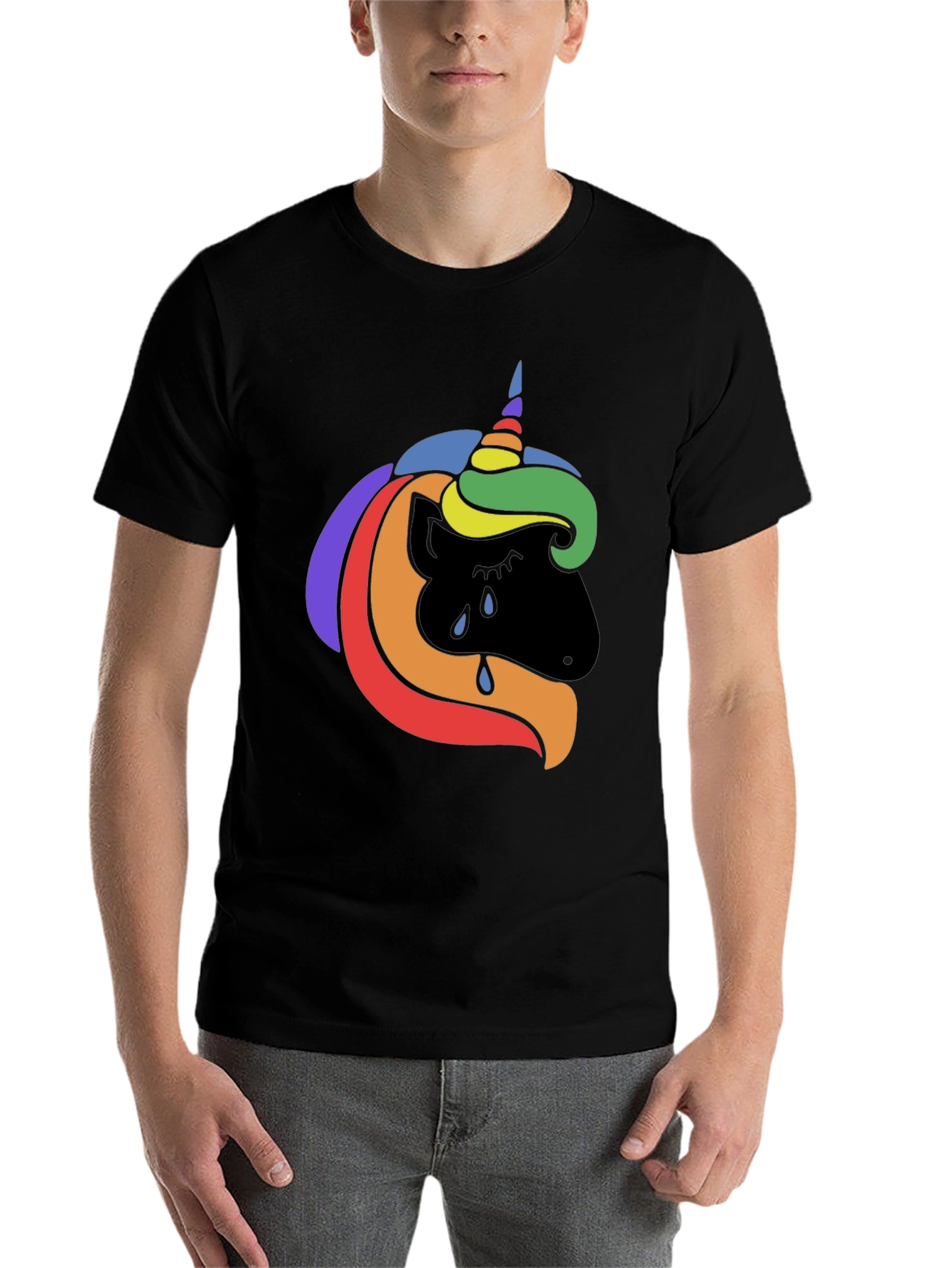 Black Rainbow Unicorn Crying Black T-Shirt view 7