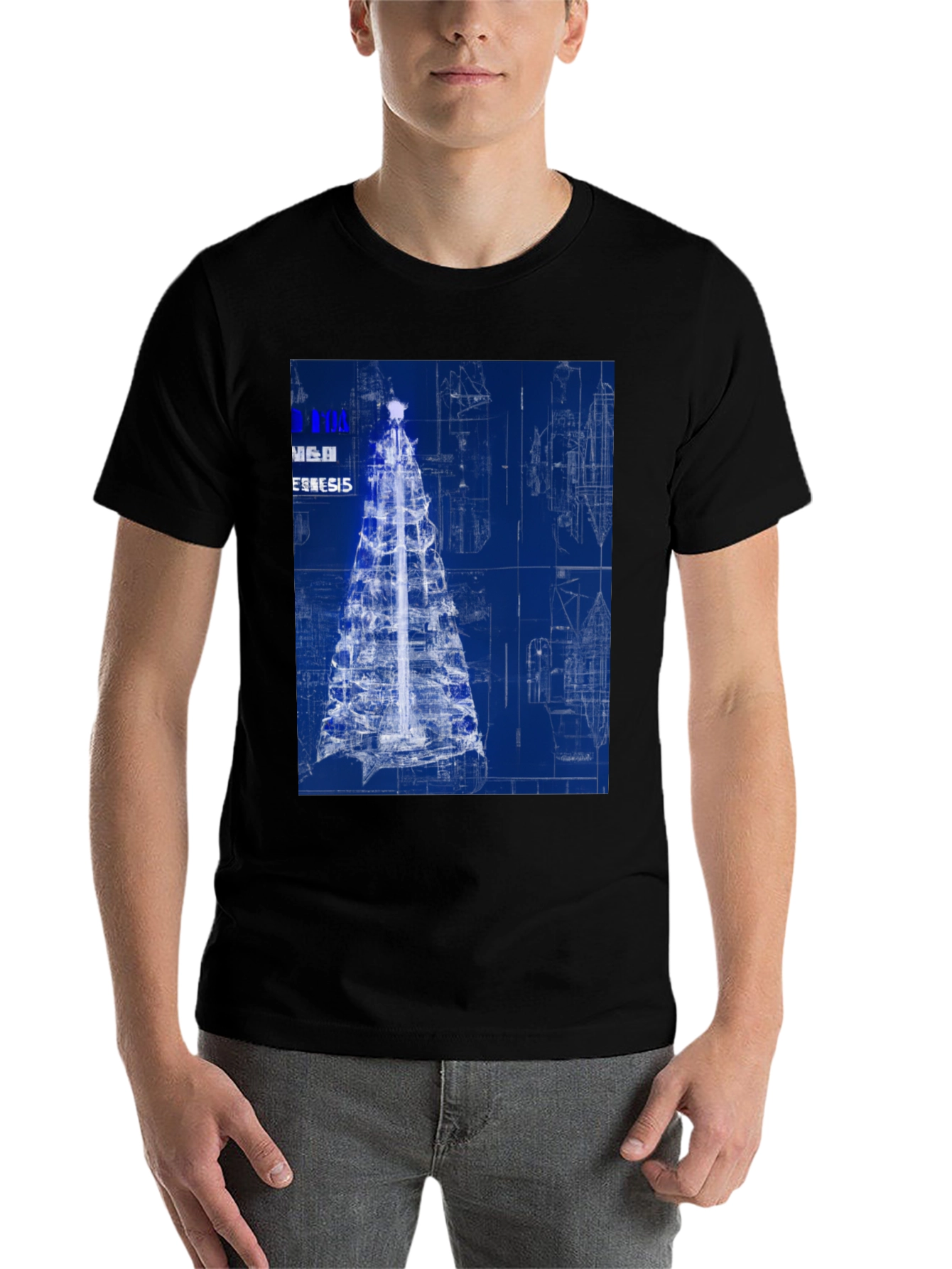 Black Blueprint Christmas Tree Graphic Tee view 7