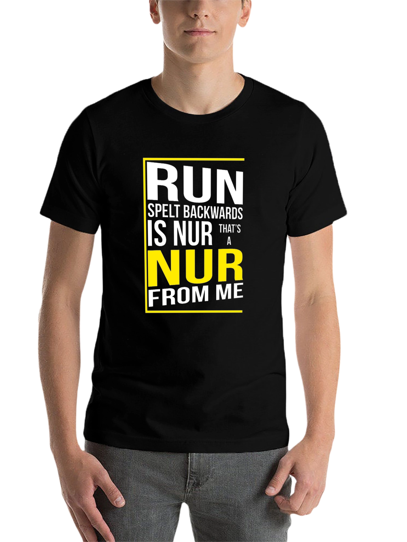 Black Run Spelt Backwards Graphic T-Shirt - Funny Run Away From Me Tee view 7