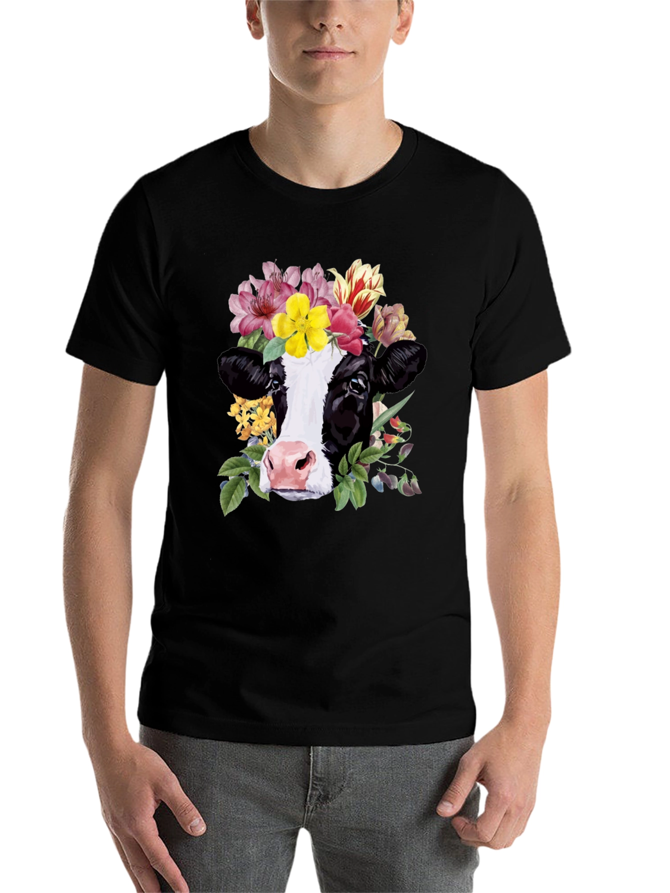 Black Floral Cow Graphic Tee - Unisex Black T-Shirt view 7