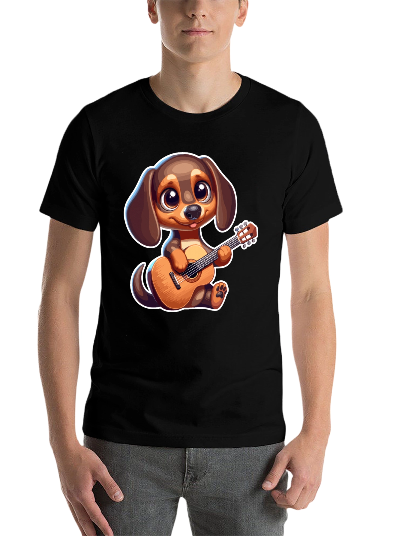 Black Cartoon Dog Playing Guitar T-Shirt view 7