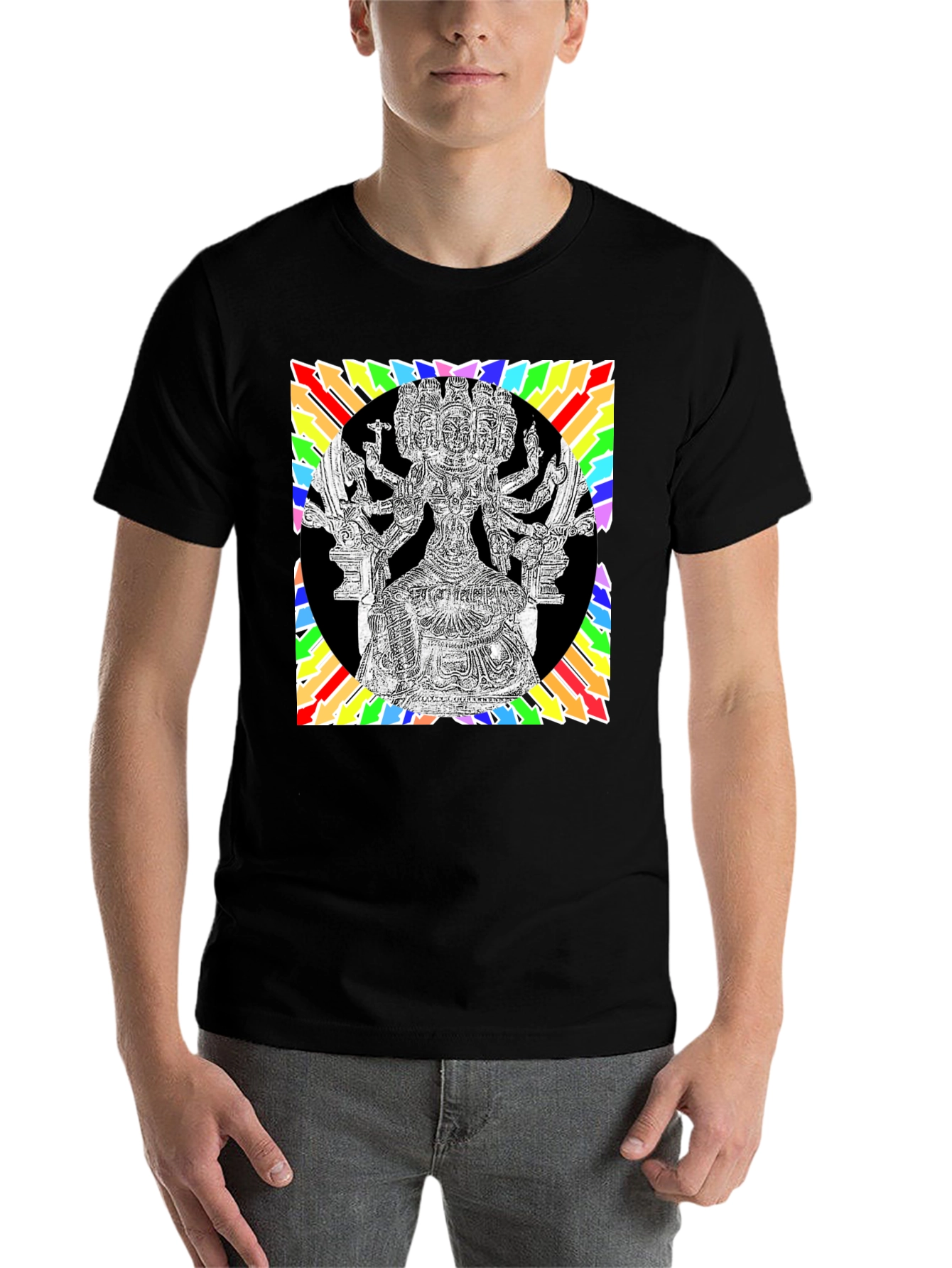 Black Black T-Shirt with Colorful Hindu Deity Graphic view 7