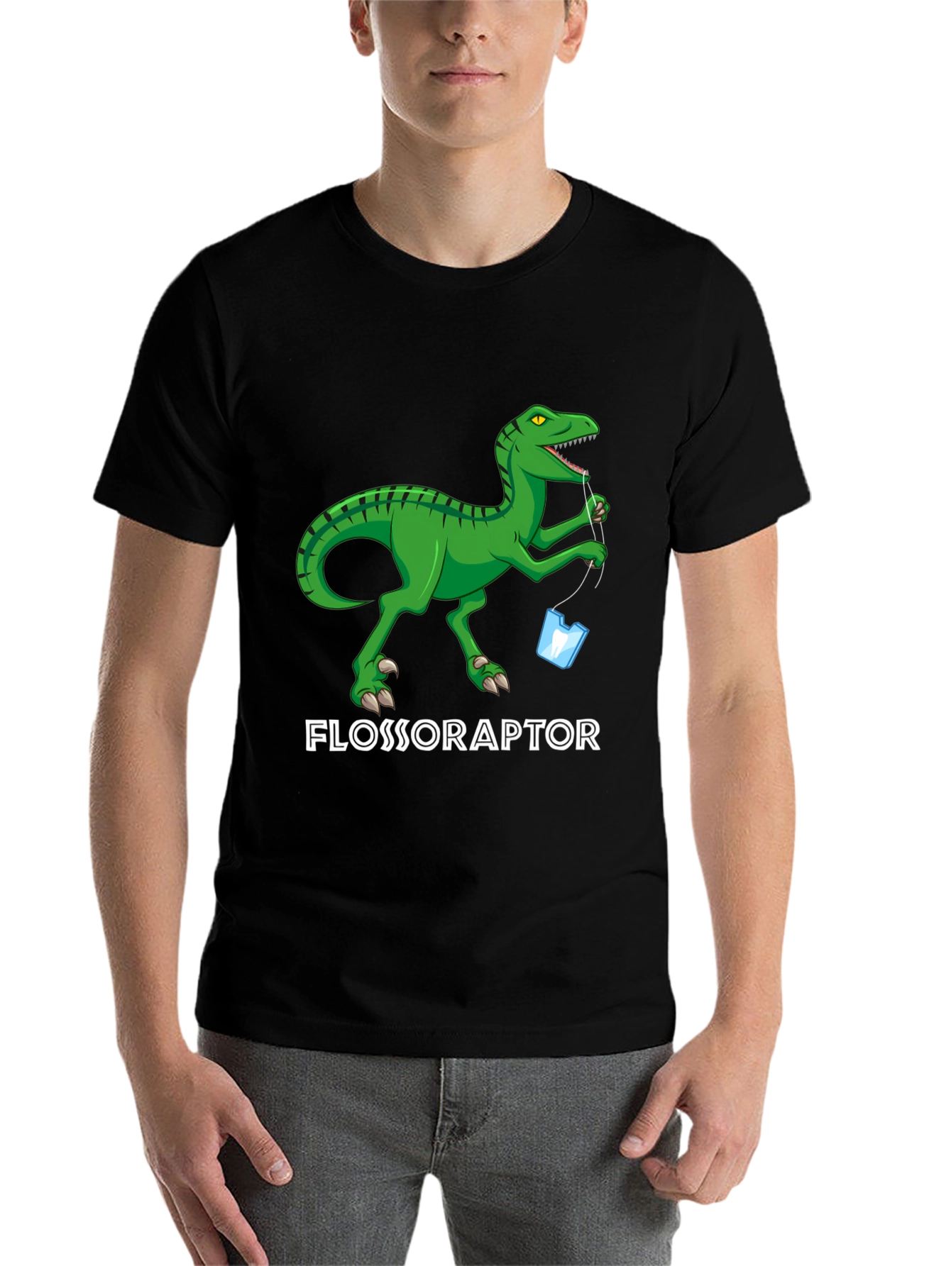 Black Flossoraptor Graphic Tee - Dental Humor Dinosaur T-Shirt view 7