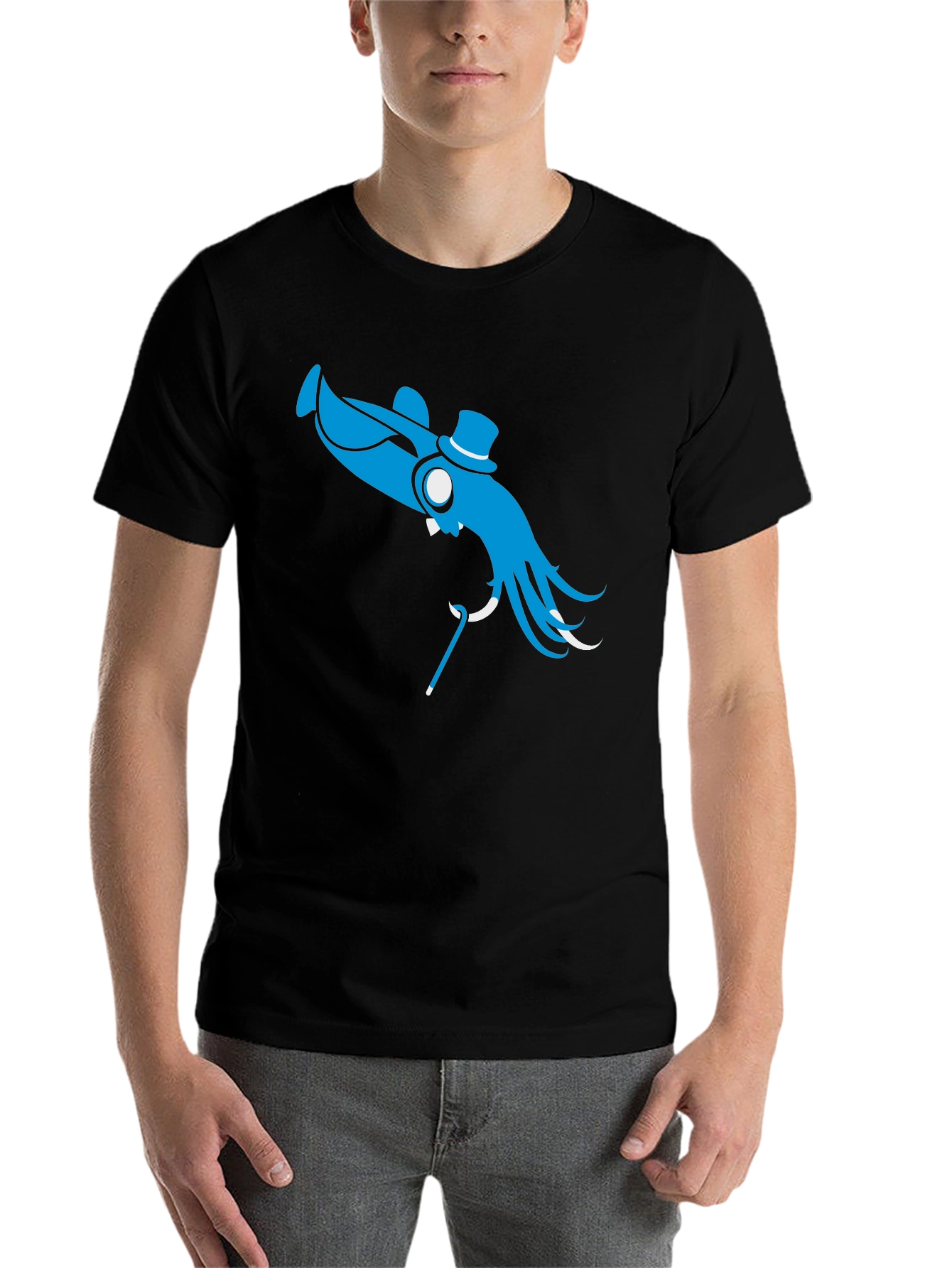 Black Blue Octopus Top Hat Cane T-Shirt - Unique Design view 7