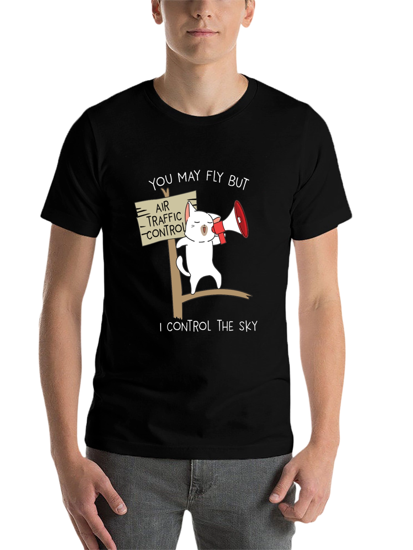 Black Funny Air Traffic Control Cat T-Shirt view 7