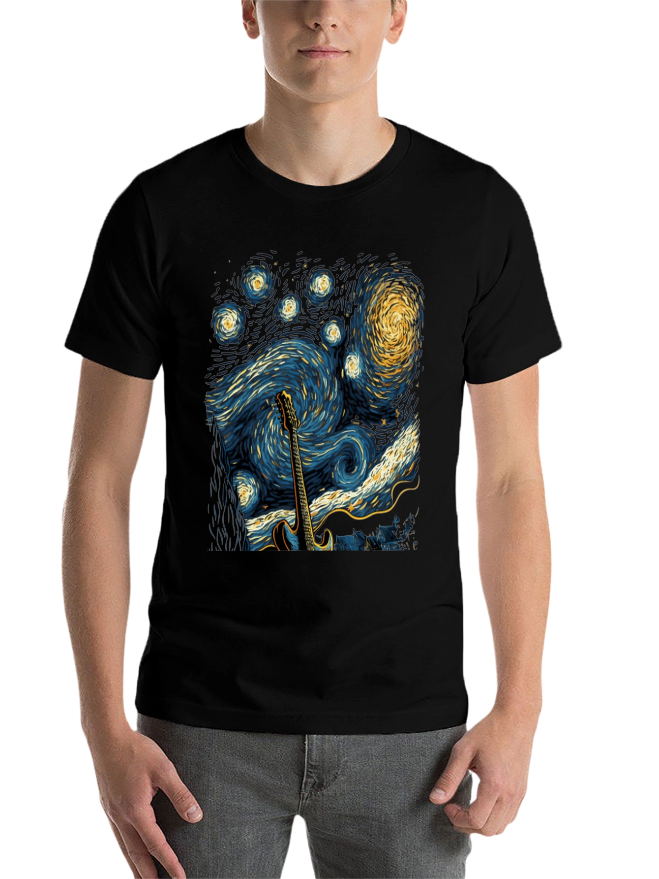 Black Starry Night Guitar T-Shirt view 7