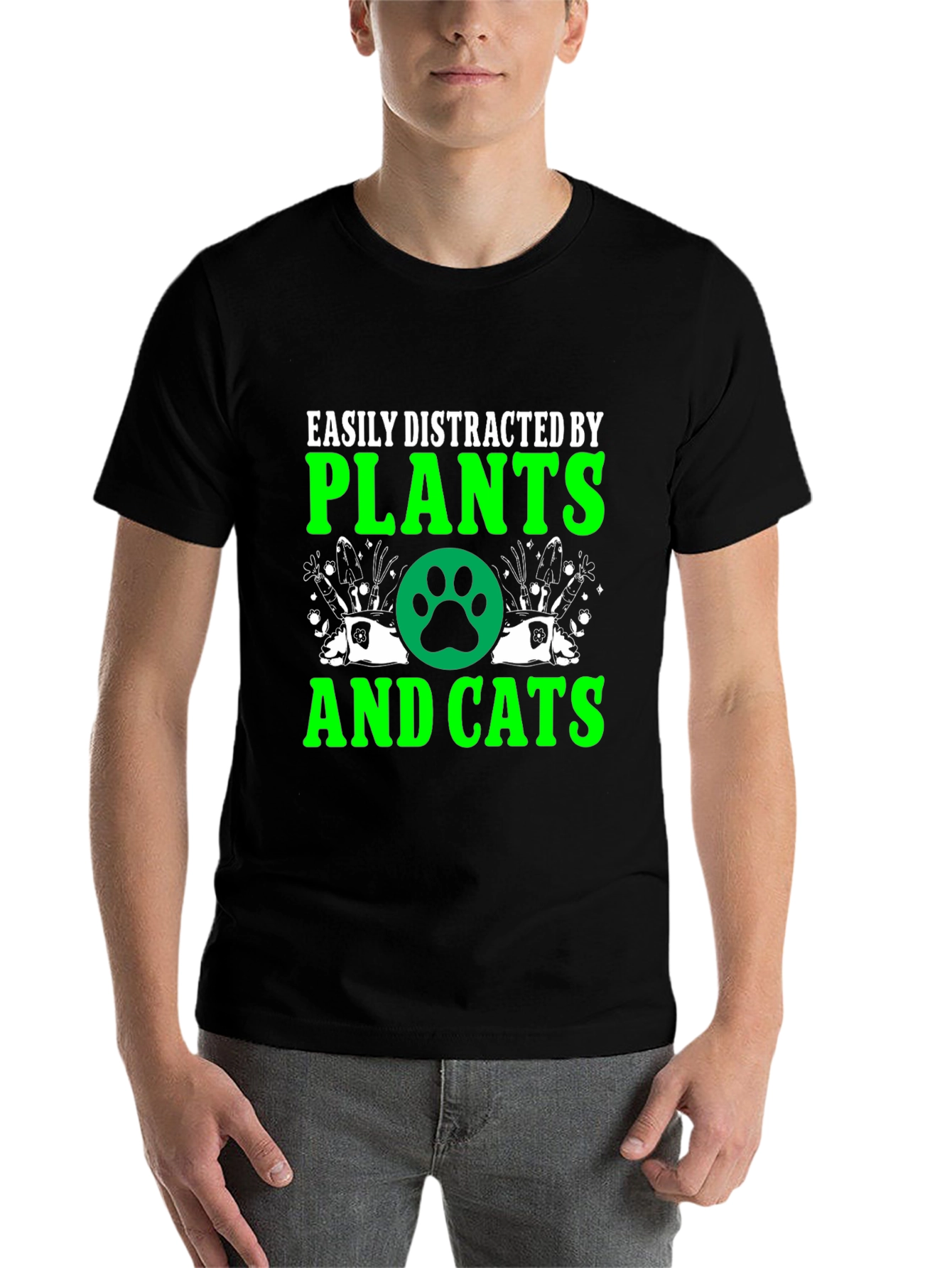 Black Easily Distracted by Plants and Cats T-Shirt view 7