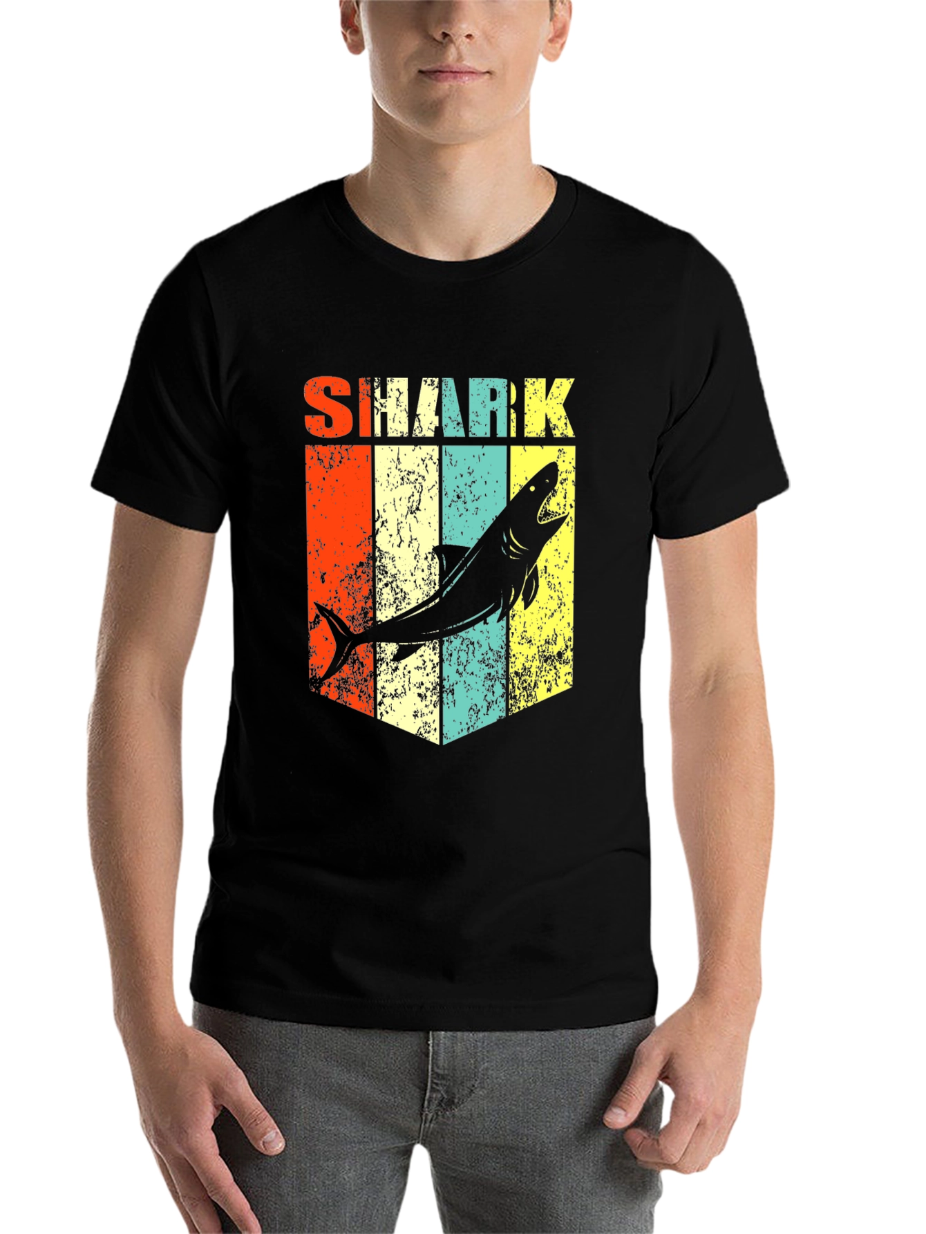 Black Retro Shark Graphic Tee - Stylish Men's Black T-Shirt view 7