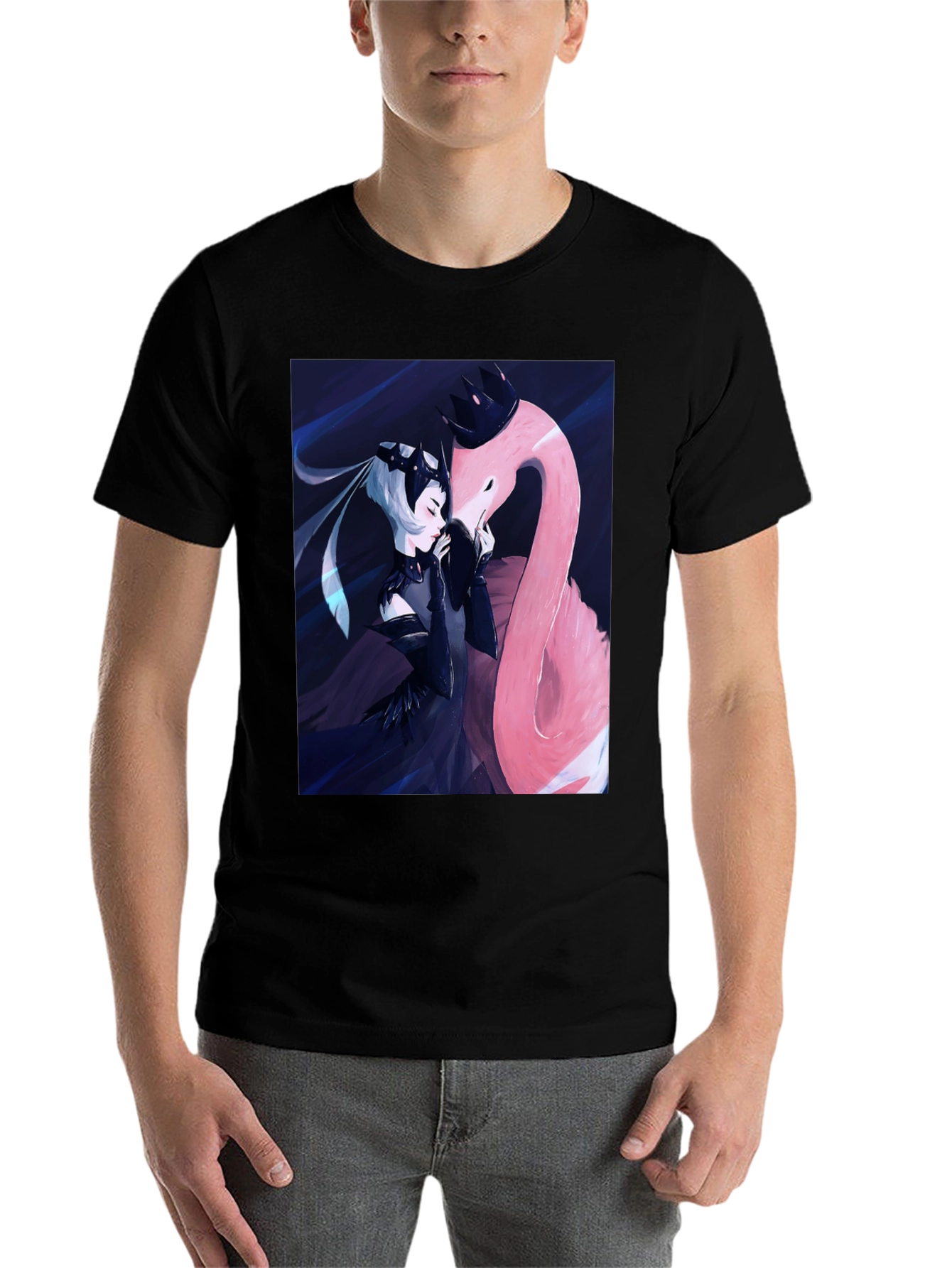 Black Black T-Shirt with Fantasy Flamingo Design view 7