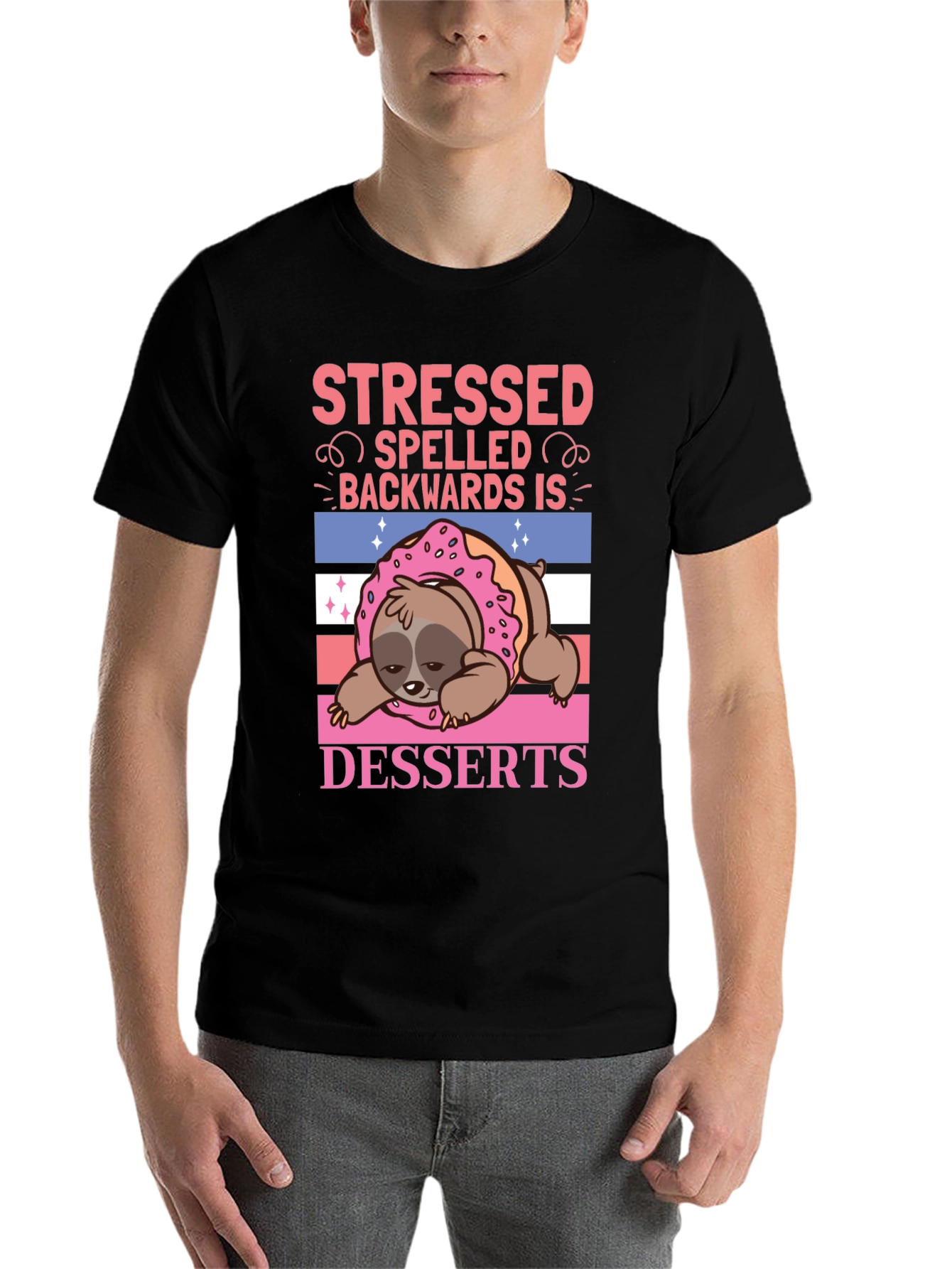 Black Stressed Backwards Desserts Sloth T-Shirt view 7
