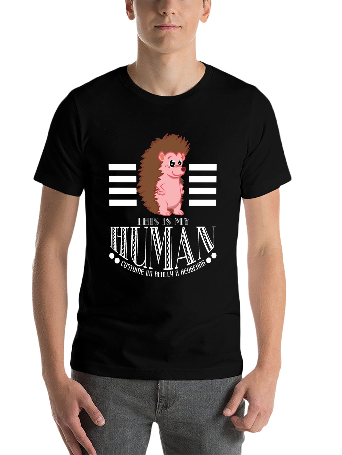 Black Funny Hedgehog Human Costume T-Shirt view 7