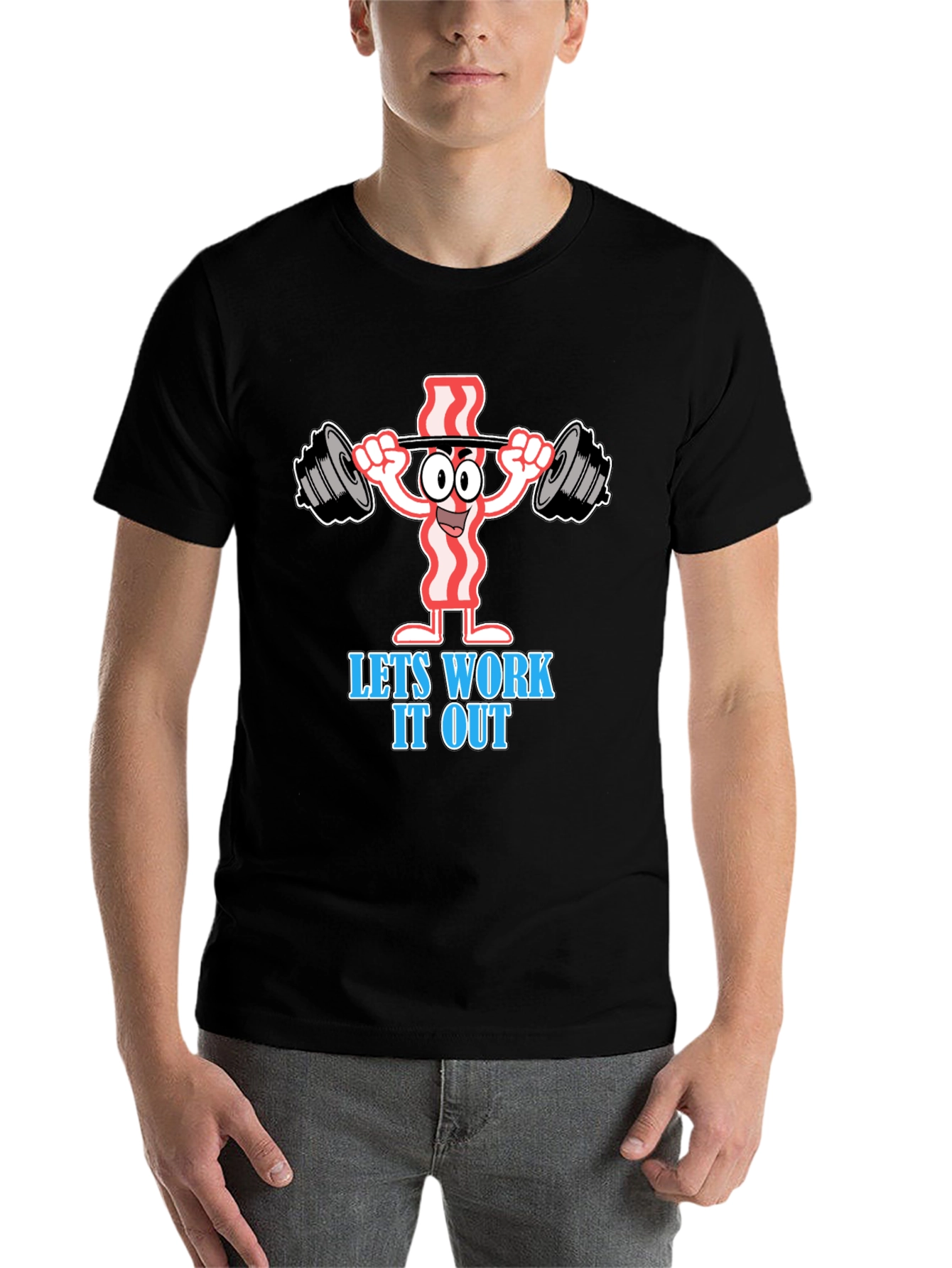 Black Funny Bacon Workout T-Shirt: Let's Work It Out! view 7