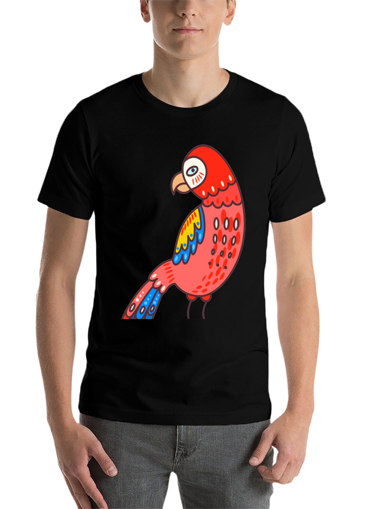 Black Men's Black T-shirt with Parrot Graphic view 7