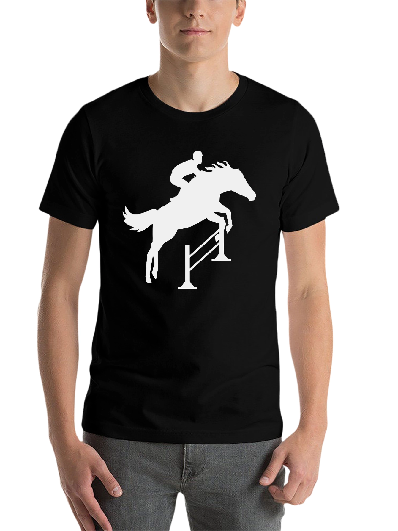 Black Equestrian Horse Jumping Silhouette Black T-Shirt view 7
