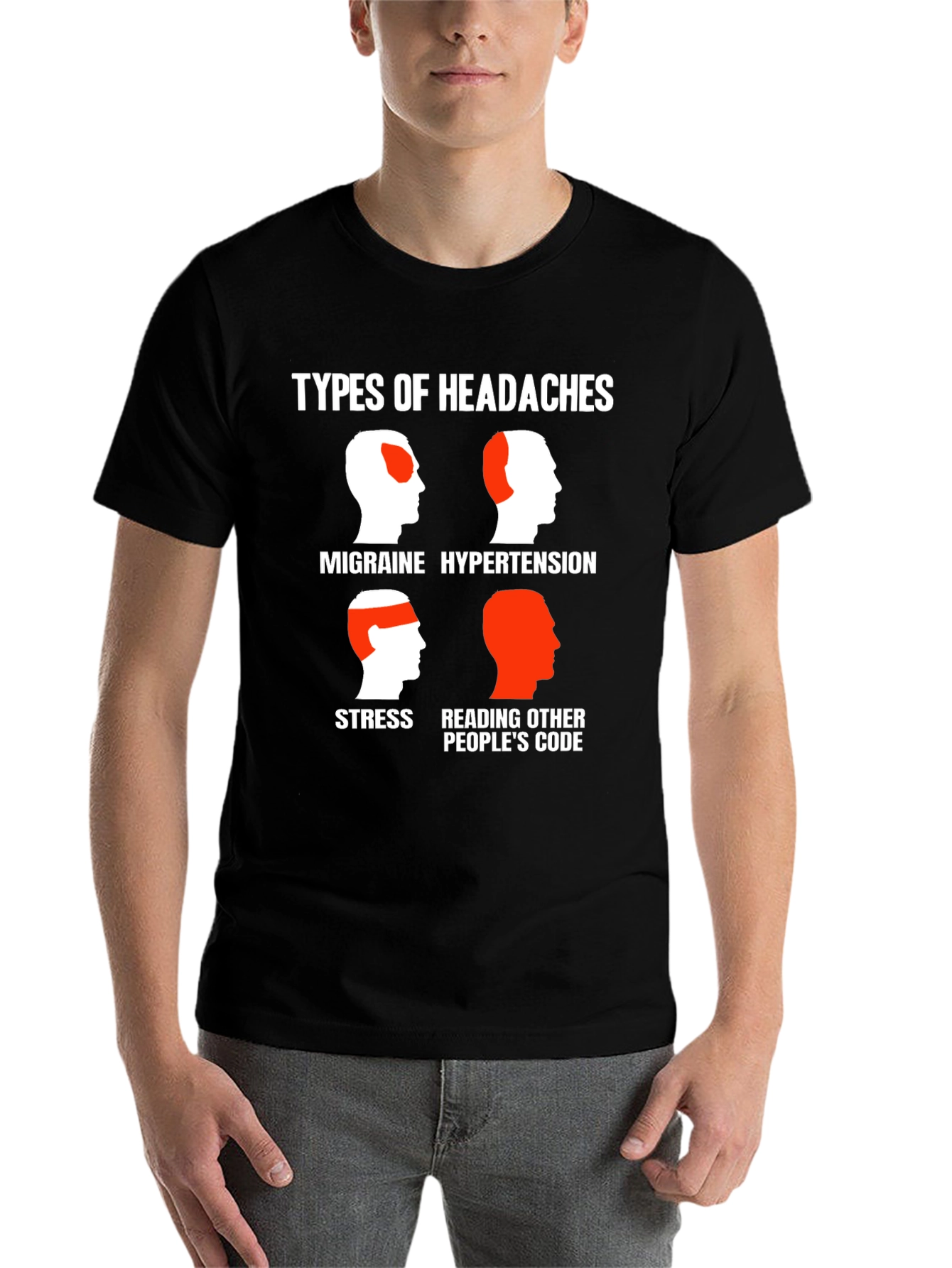 Black Headache Types Graphic Tee - Programmer Humor T-Shirt view 7