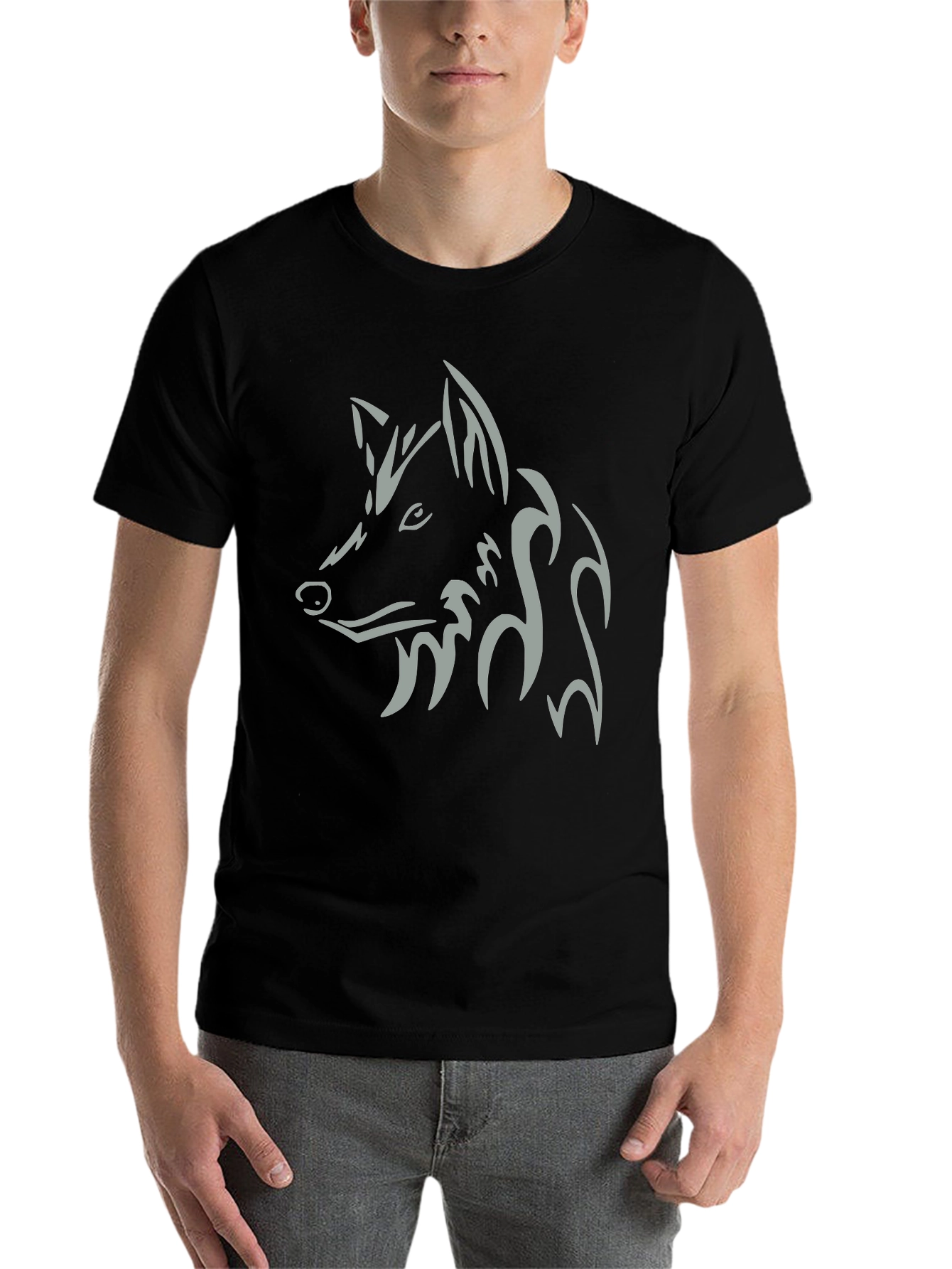 Men's Black T-Shirt with Tribal Wolf Design - 7