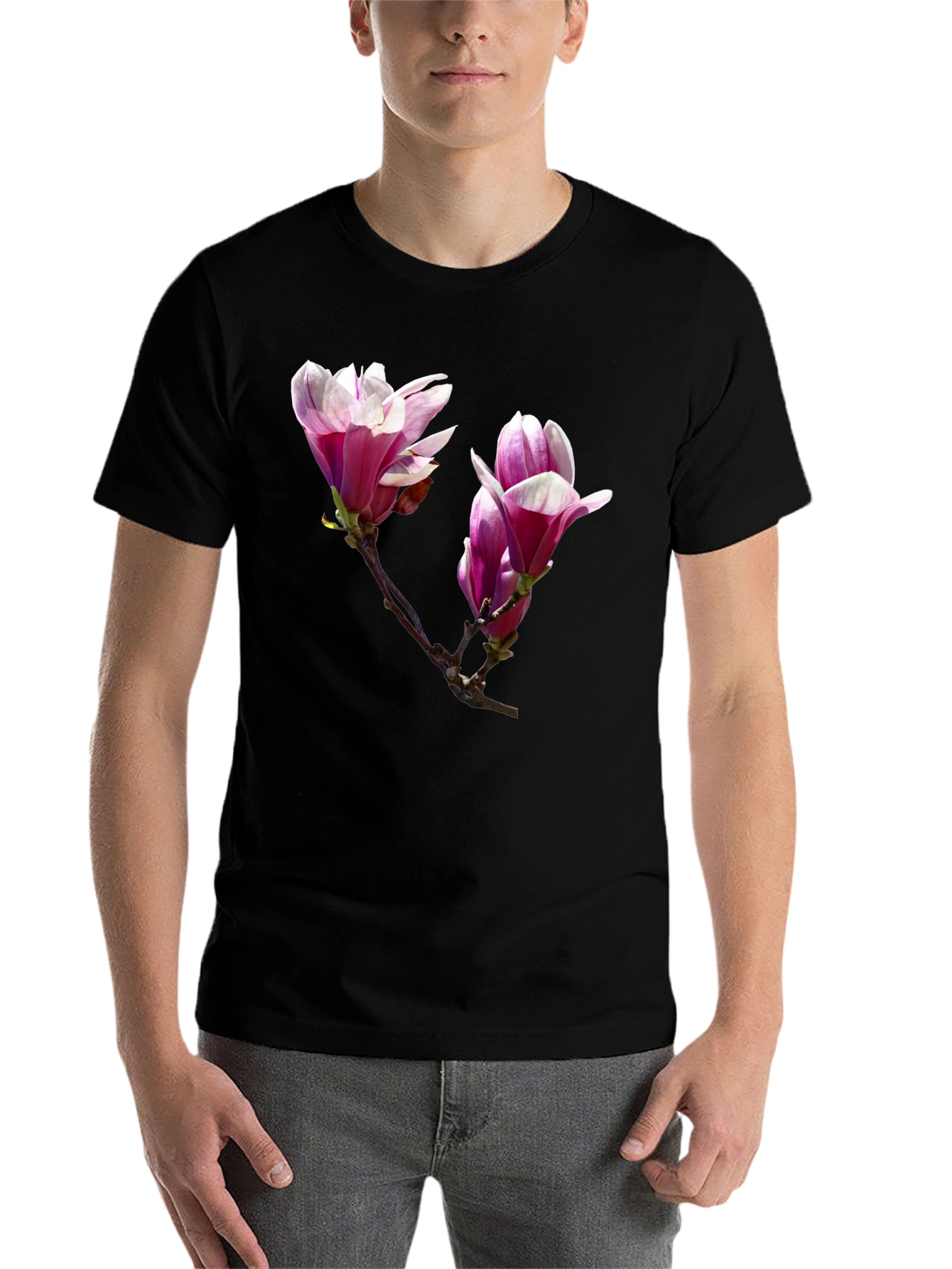 Black Floral Print Black T-Shirt - Botanical Design view 7