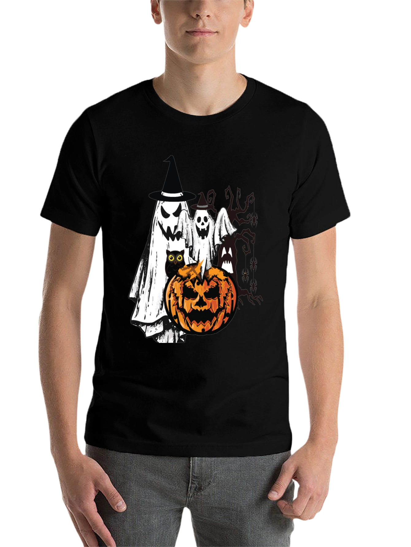 Black Halloween Ghost & Pumpkin T-Shirt view 7