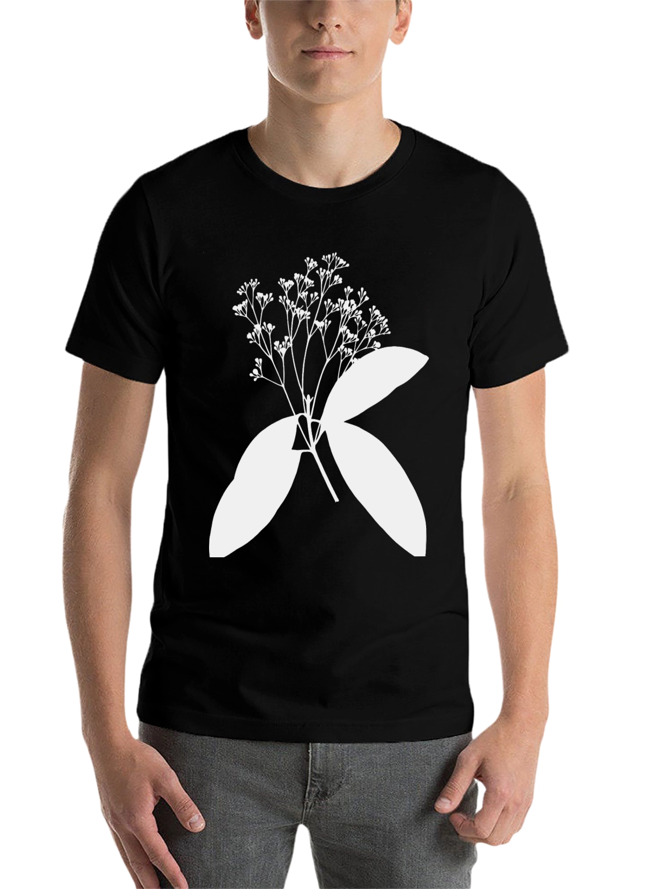 Black Black T-Shirt with Botanical White Print view 7