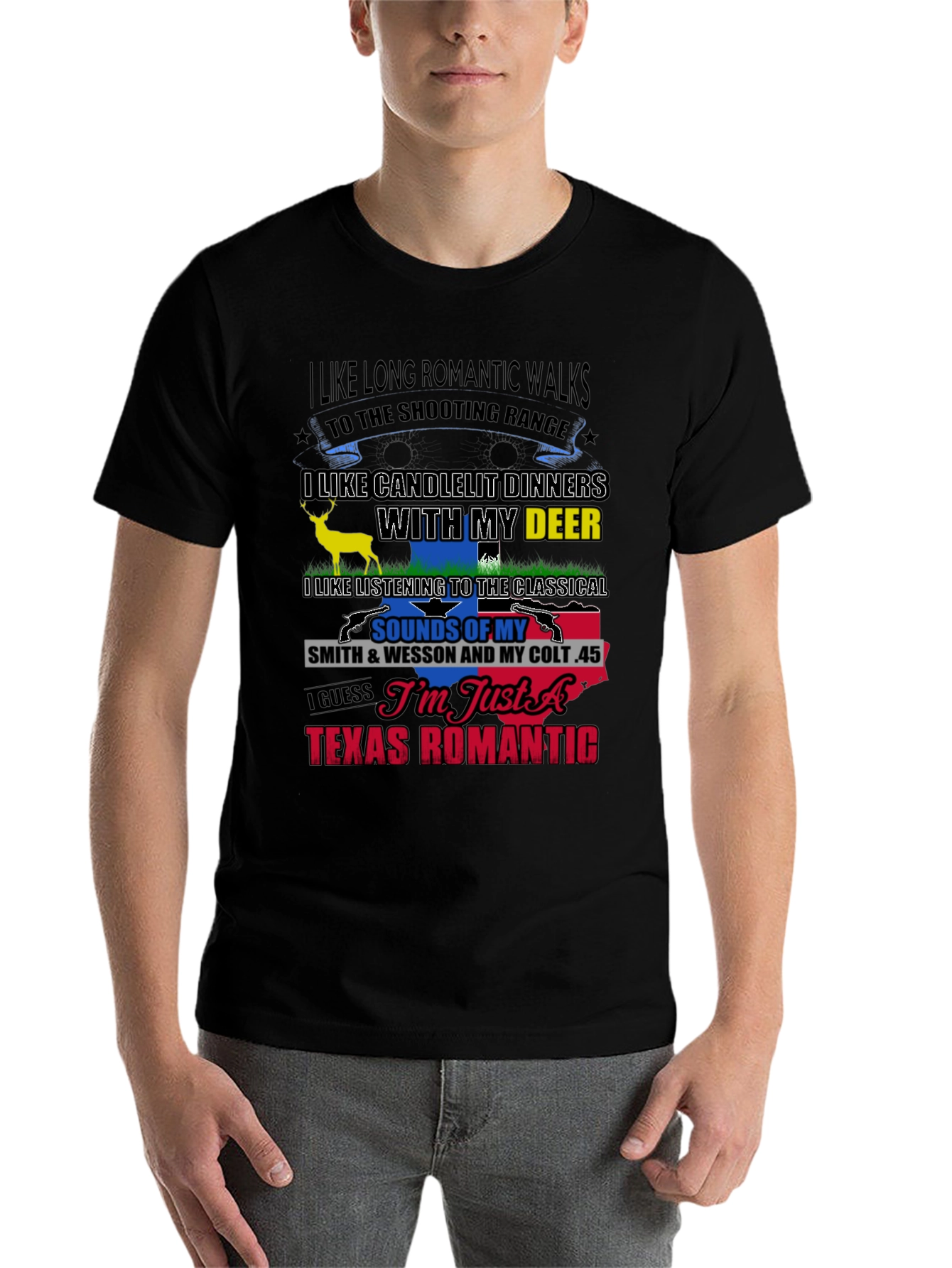 Black Texas Romantic T-Shirt: Guns & Deer view 7