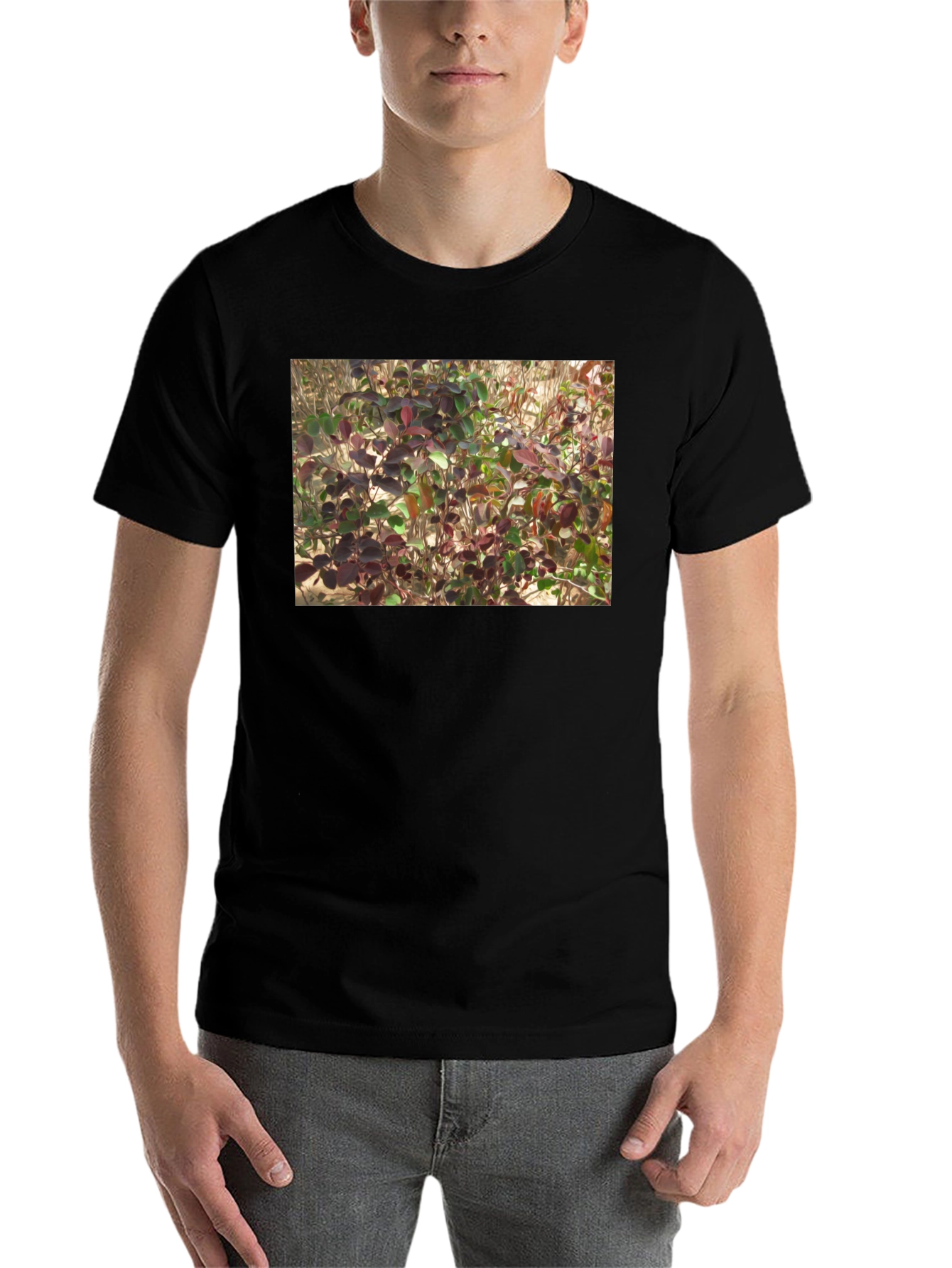 Black Nature Leaves Print Black T-Shirt view 7