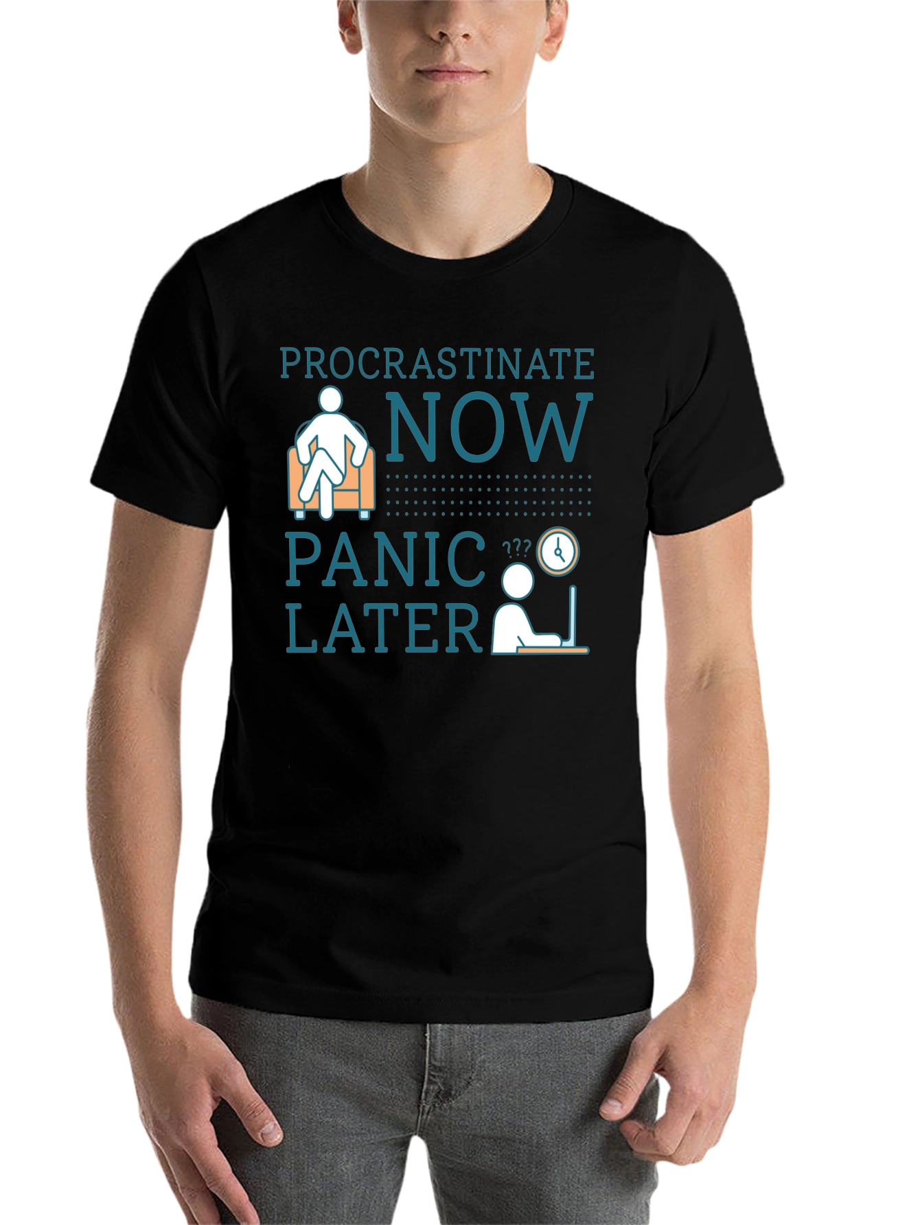 Black Procrastinate Now Panic Later Men's Graphic T-Shirt view 7