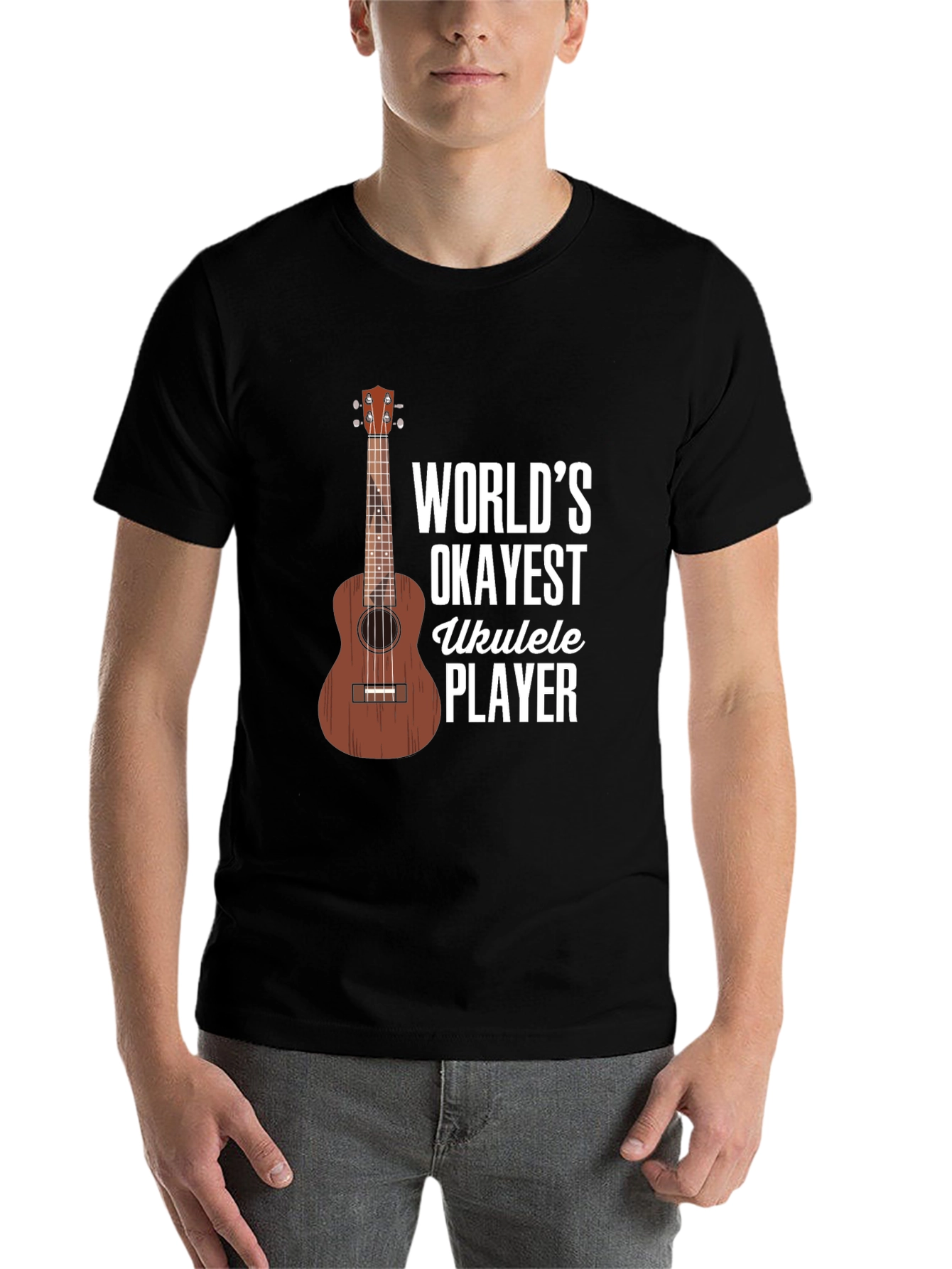 Black World's Okayest Ukulele Player Graphic T-Shirt view 7