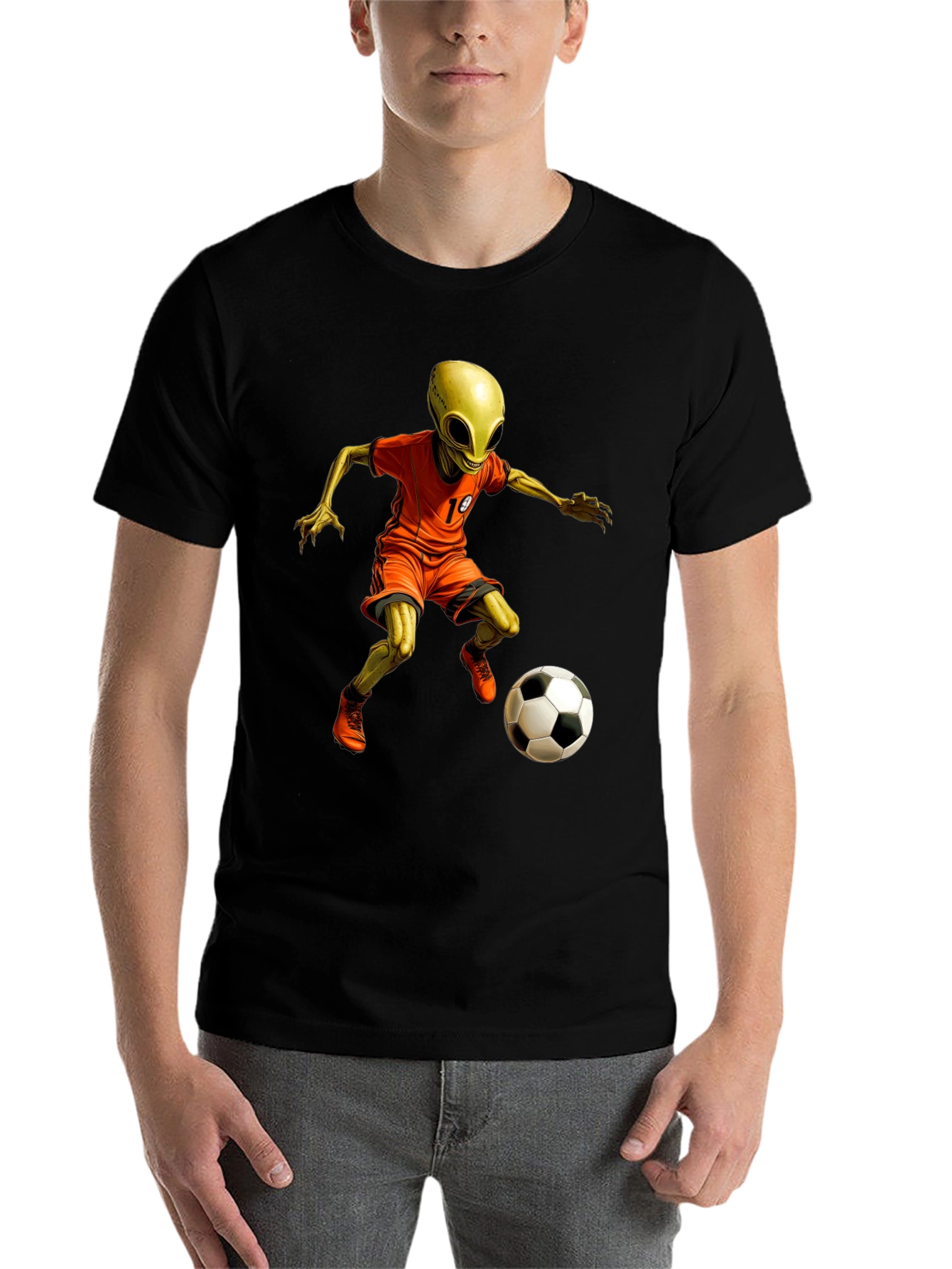 Black Alien Soccer T-Shirt - Galactic Goals! view 7
