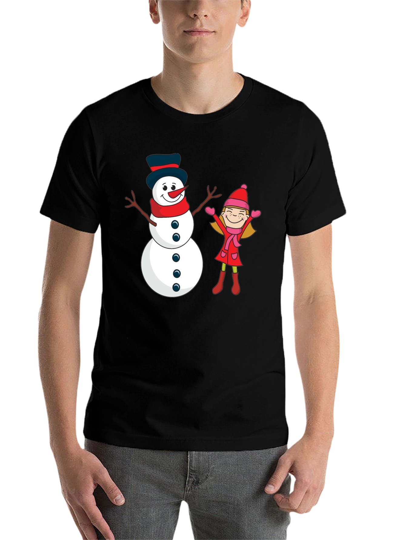 Black Festive Snowman & Girl Graphic Tee - Black view 7