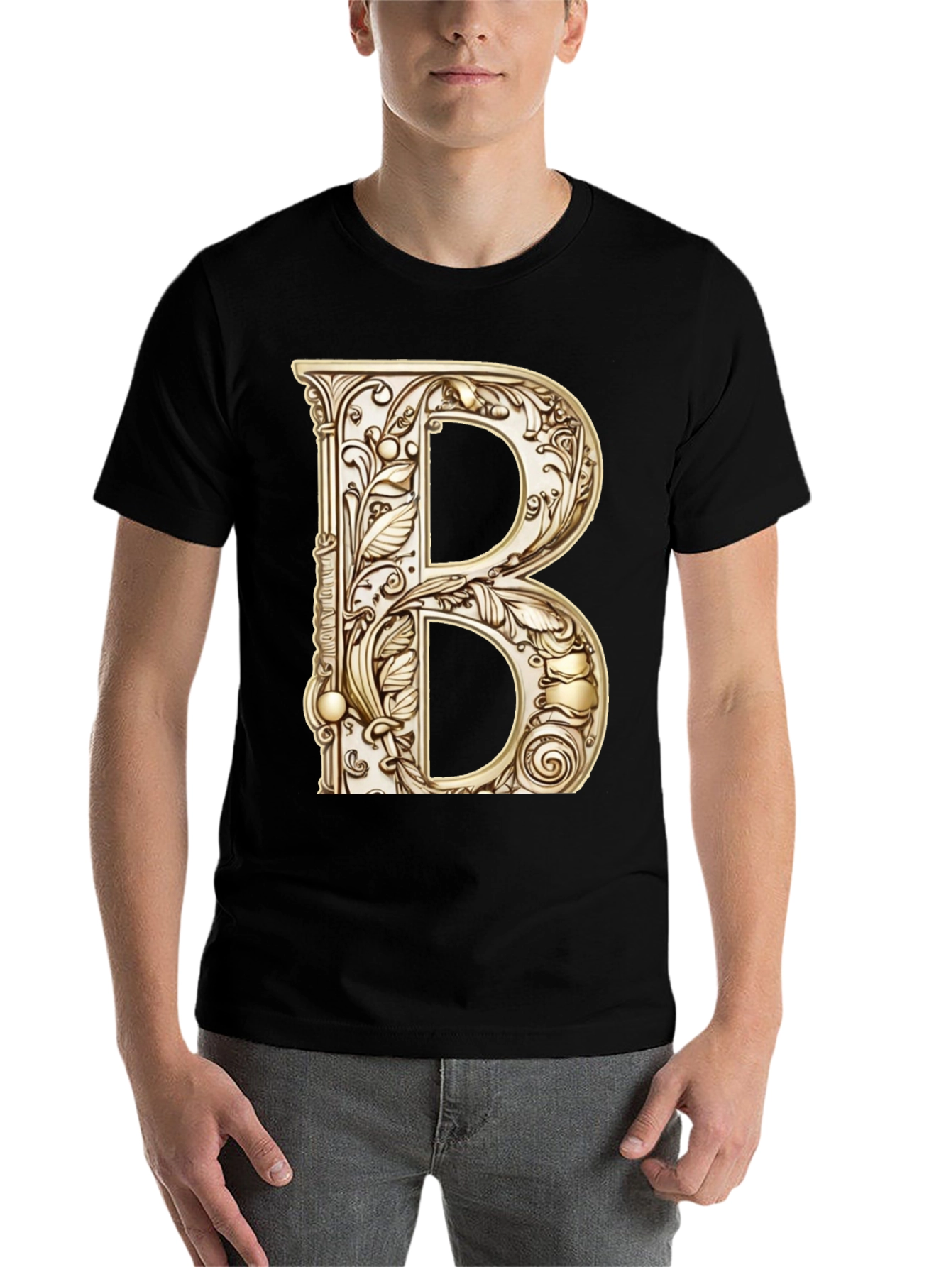 Black Ornate Initial B Graphic Tee - Black Cotton Blend view 7