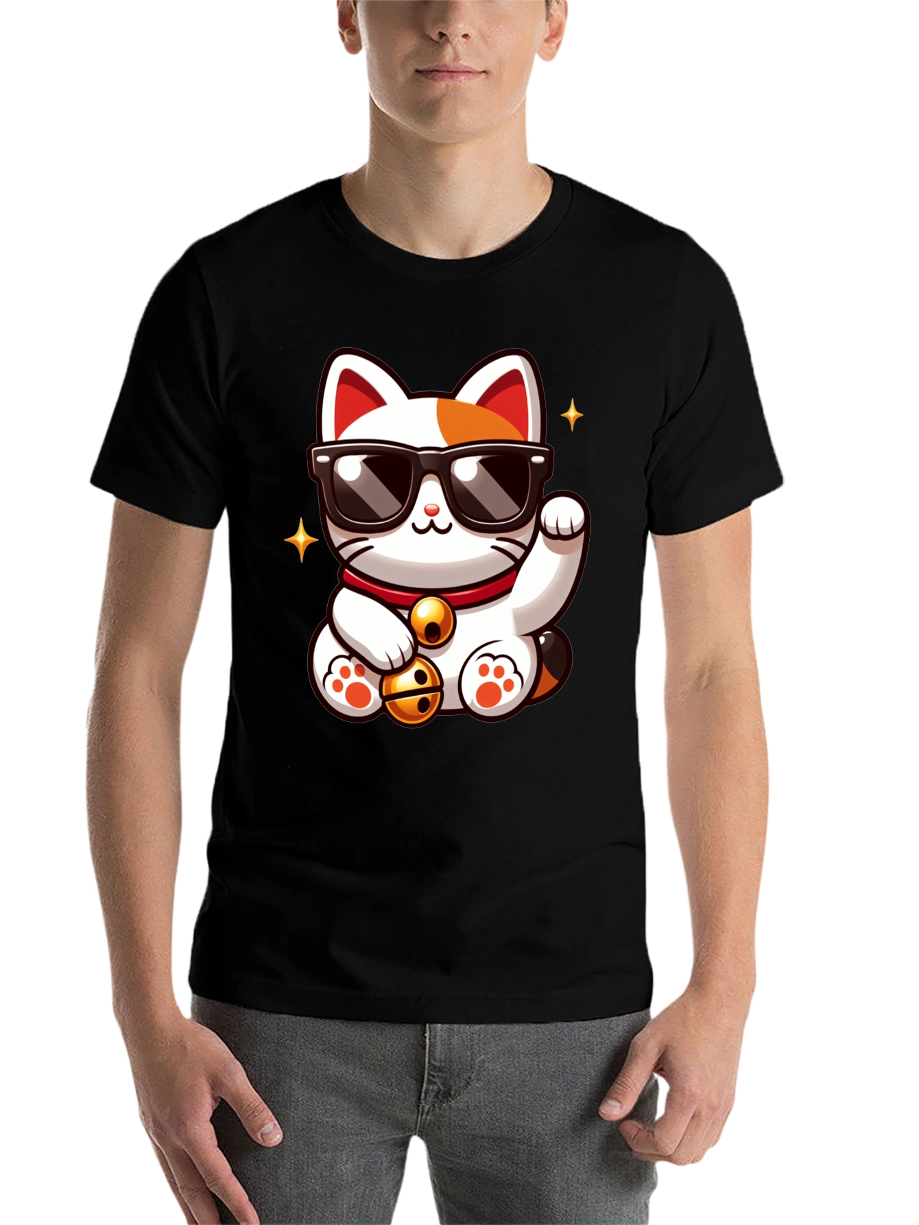 Black Lucky Cat T-Shirt - Cool Cartoon Design view 7