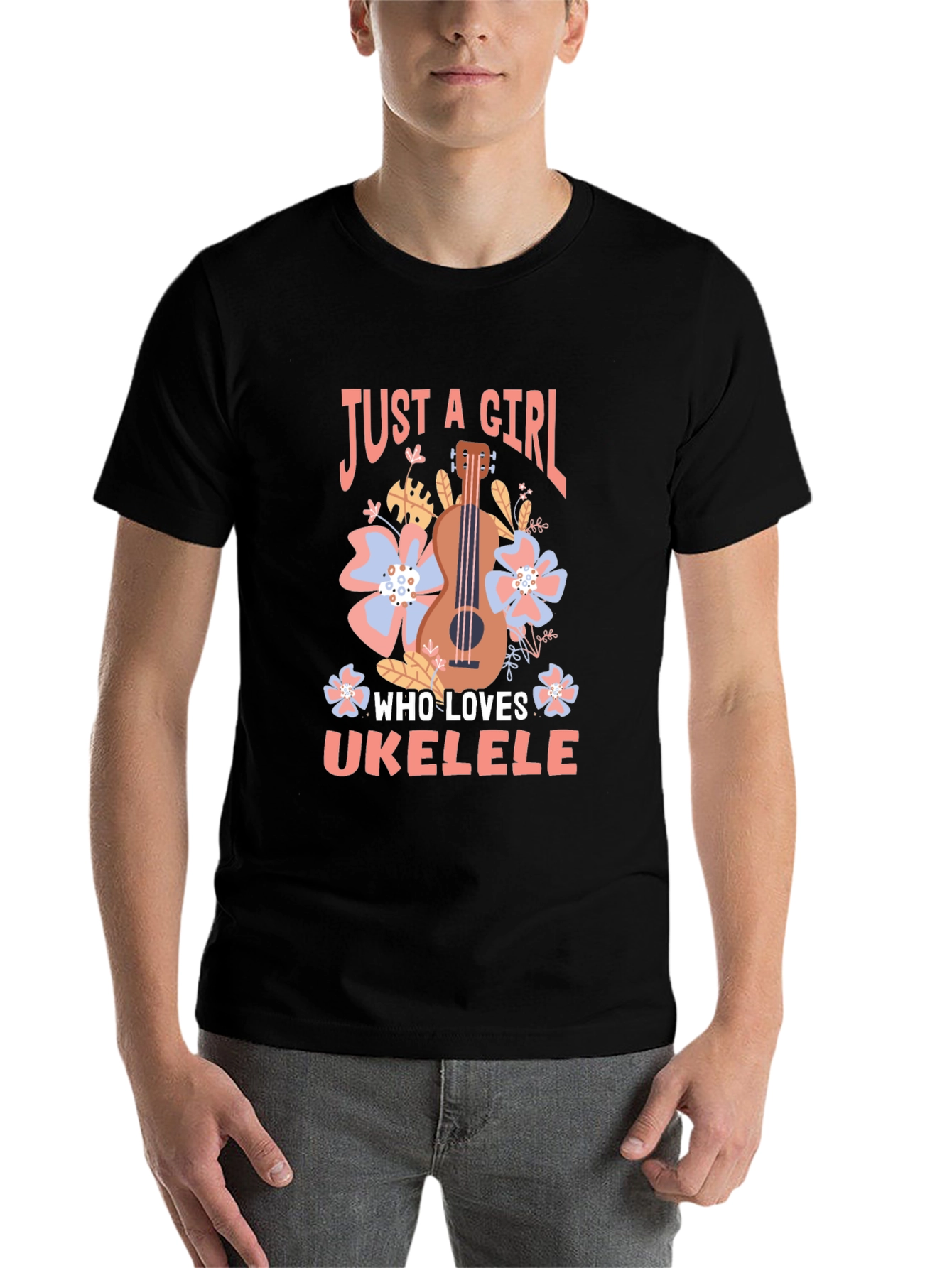 Black Just a Girl Who Loves Ukulele T-Shirt view 7