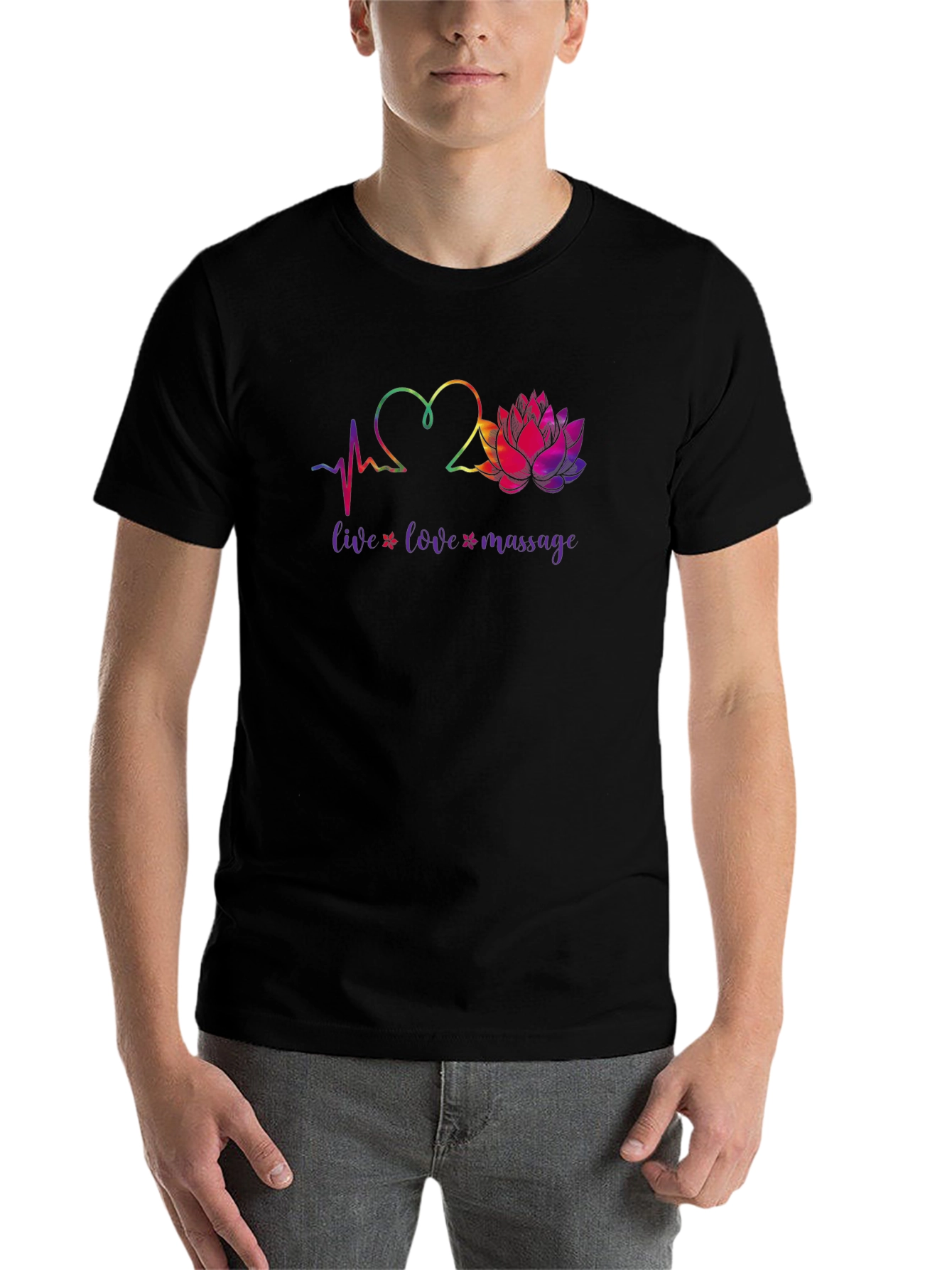 Black Live Love Massage Heart & Lotus Black T-Shirt view 7