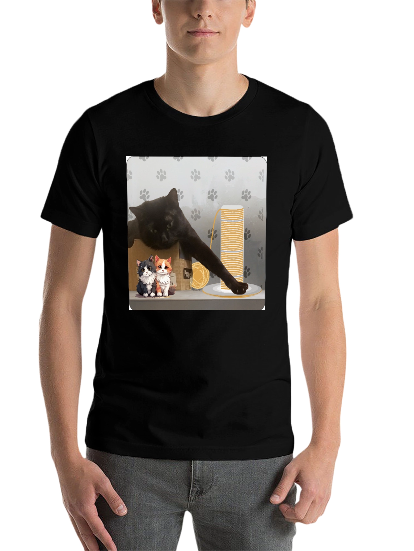 Black Cat Cartoon Graphic Black T-Shirt view 7