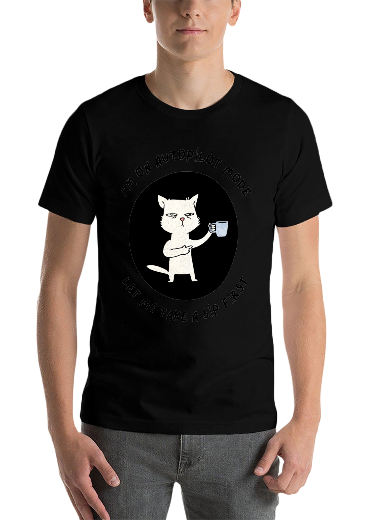 Black Autopilot Cat Coffee T-Shirt - Funny Novelty Tee view 7