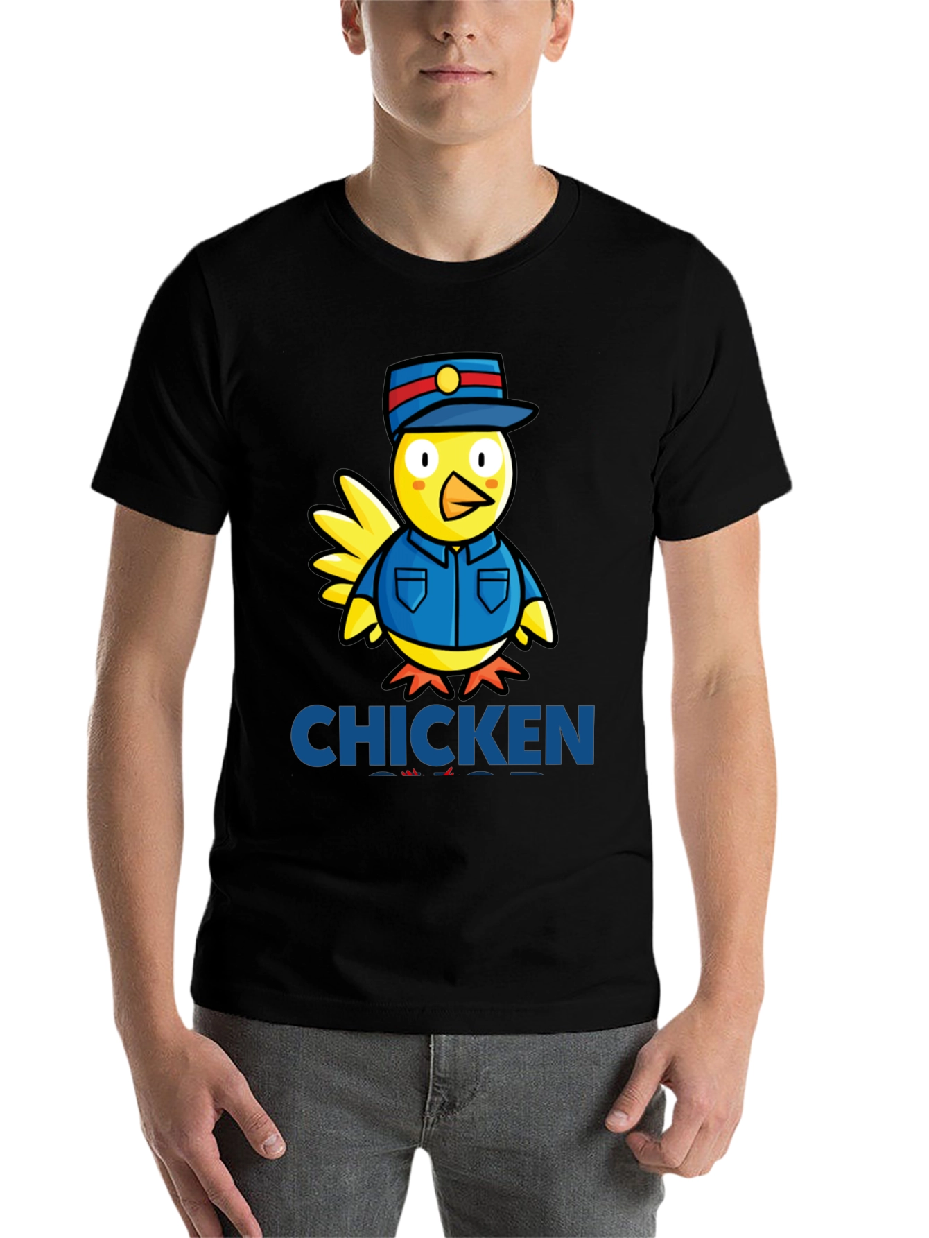 Black Chicken Officer Graphic Tee - Funny Cartoon Bird T-Shirt view 7