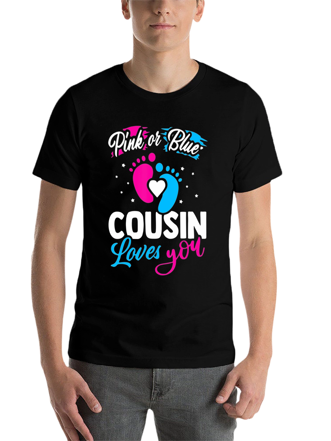Black Pink or Blue Cousin Loves You Gender Reveal T-Shirt view 7