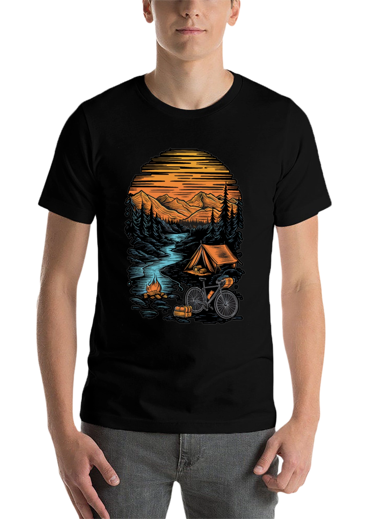 Black Adventure Camping T-Shirt - Mountain & Bicycle Design view 7