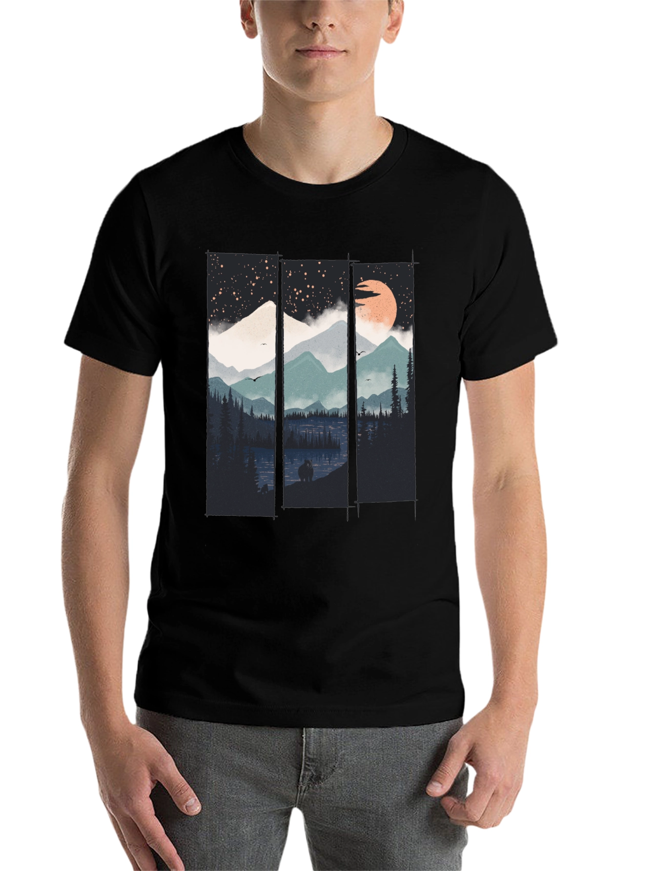 Night Sky Mountain Graphic Tee - Soft Black Cotton T-Shirt - 7