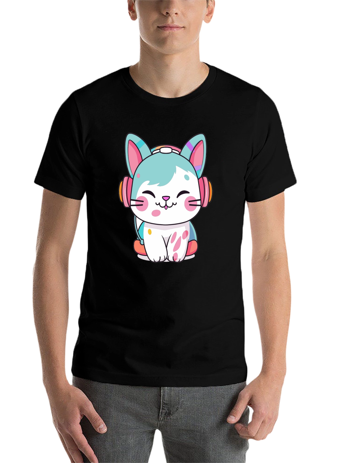 Black Cute Cat with Headphones Graphic Tee view 7