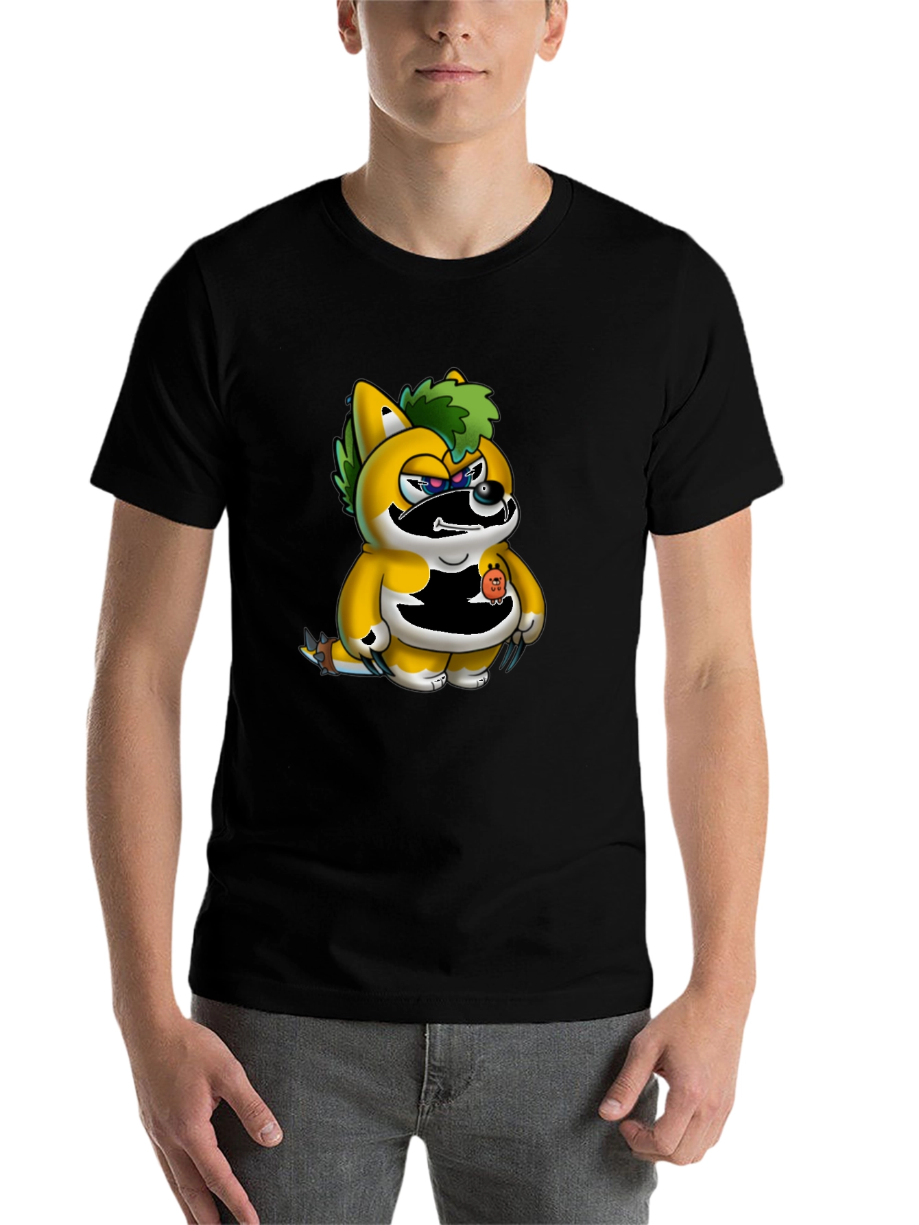 Black Men's Black T-Shirt with Unique Cartoon Print view 7