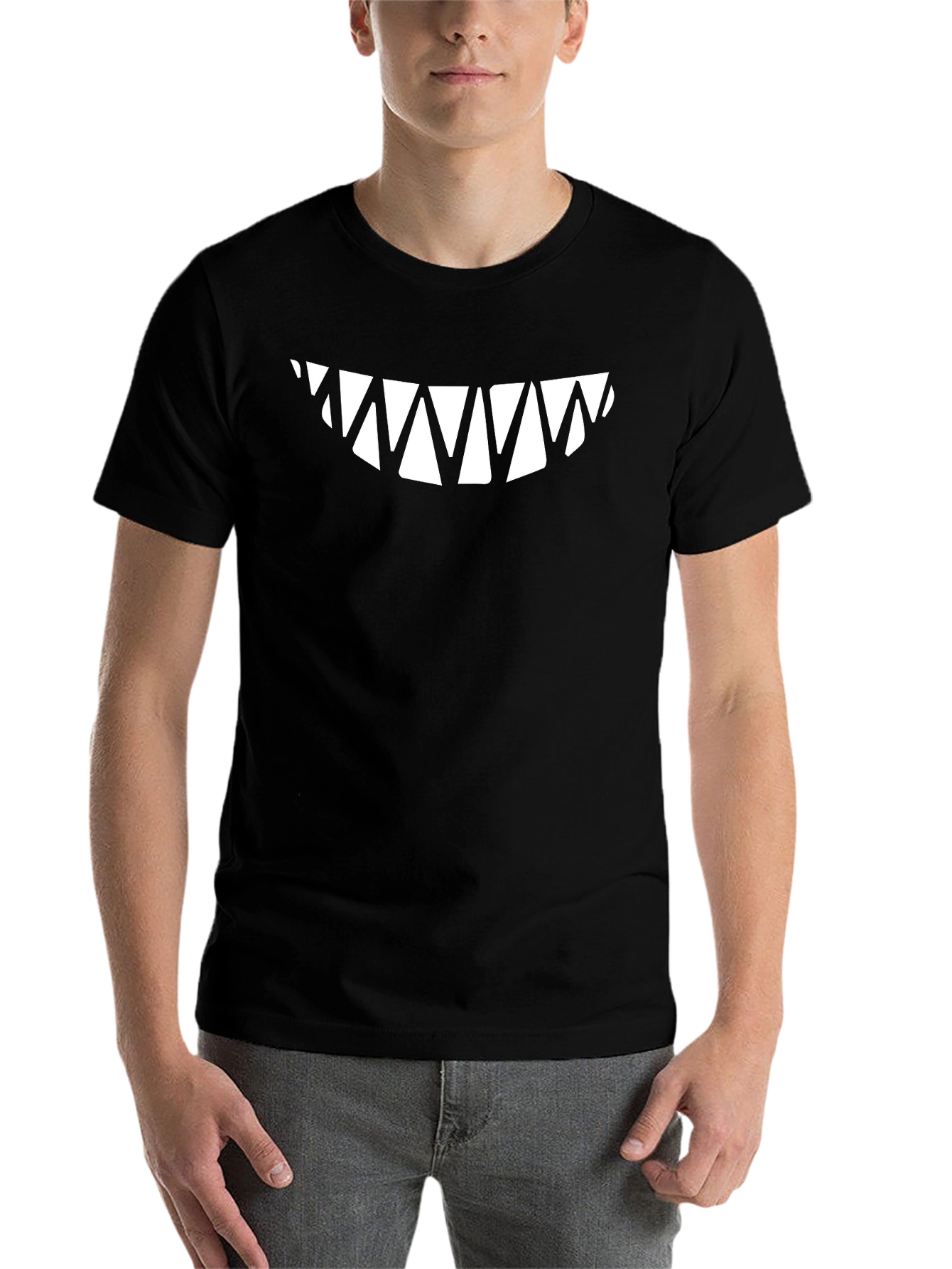 Black Men's Black T-Shirt with Sharp Teeth Graphic view 7
