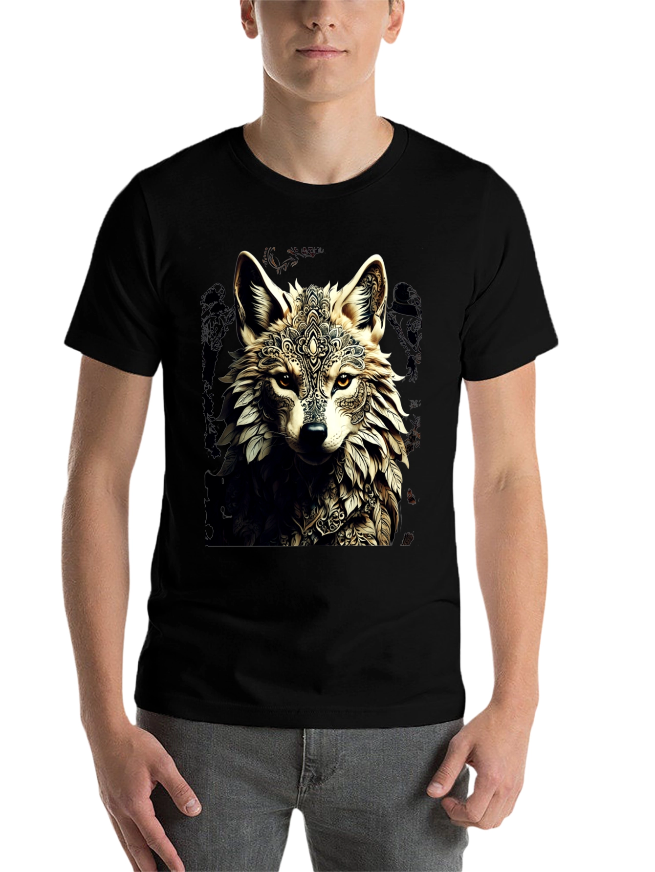 Black Wolf Mandala Graphic Tee - Stylish Black T-Shirt view 7