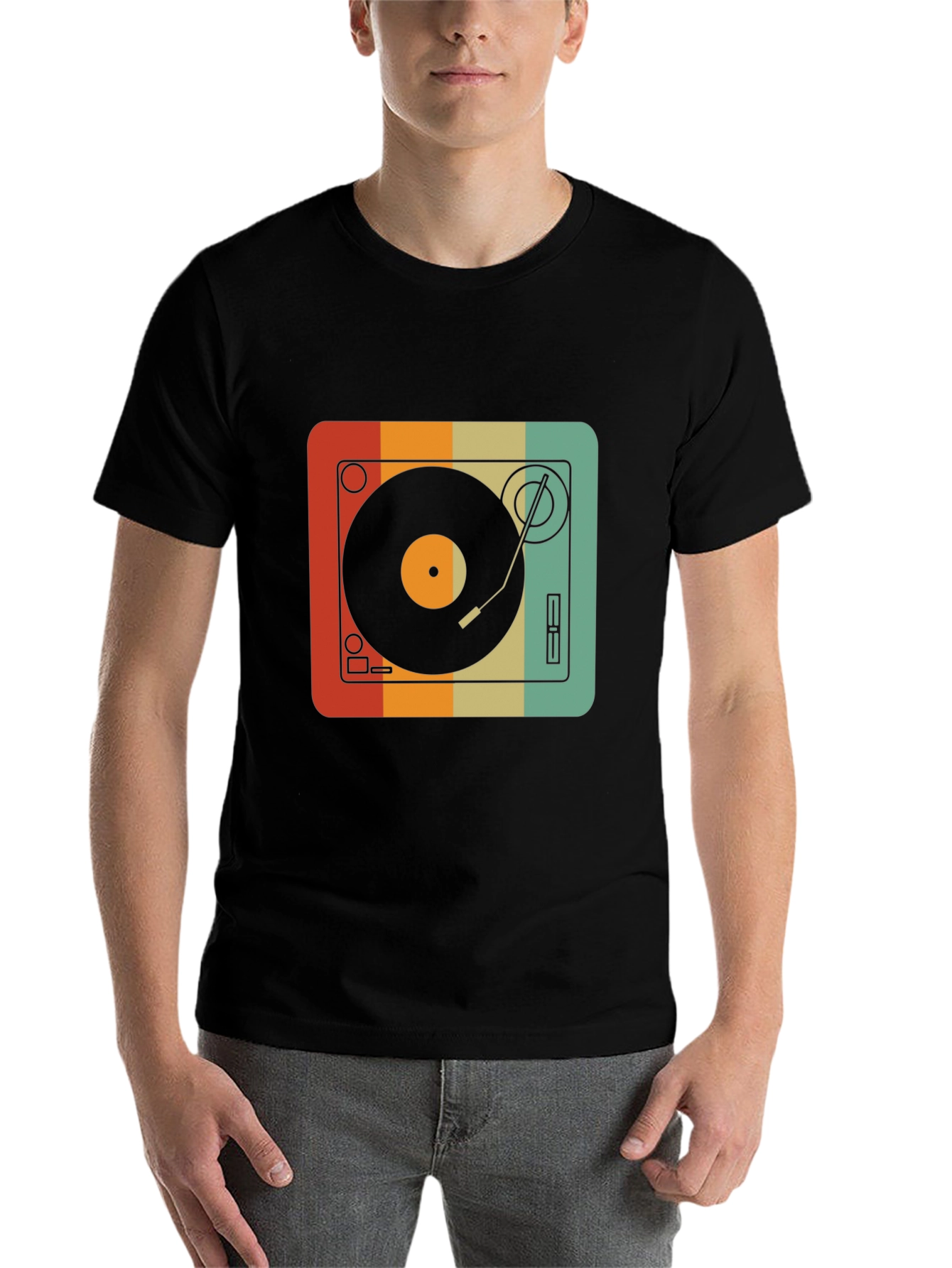 Black Retro Turntable Graphic Tee - Vintage Record Player Shirt view 7