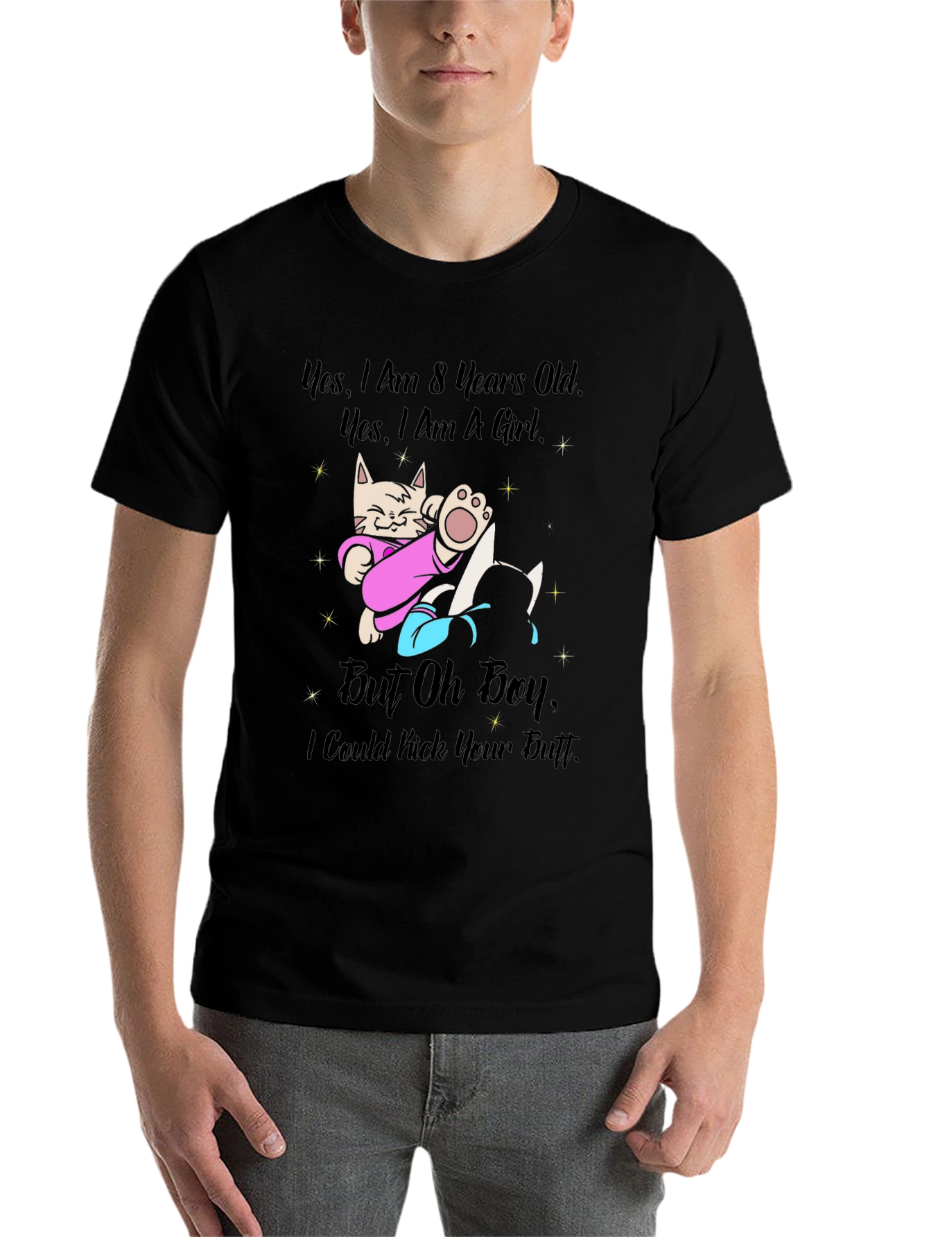 Black Funny Cat Girl T-Shirt - I Could Kick Your Butt view 7