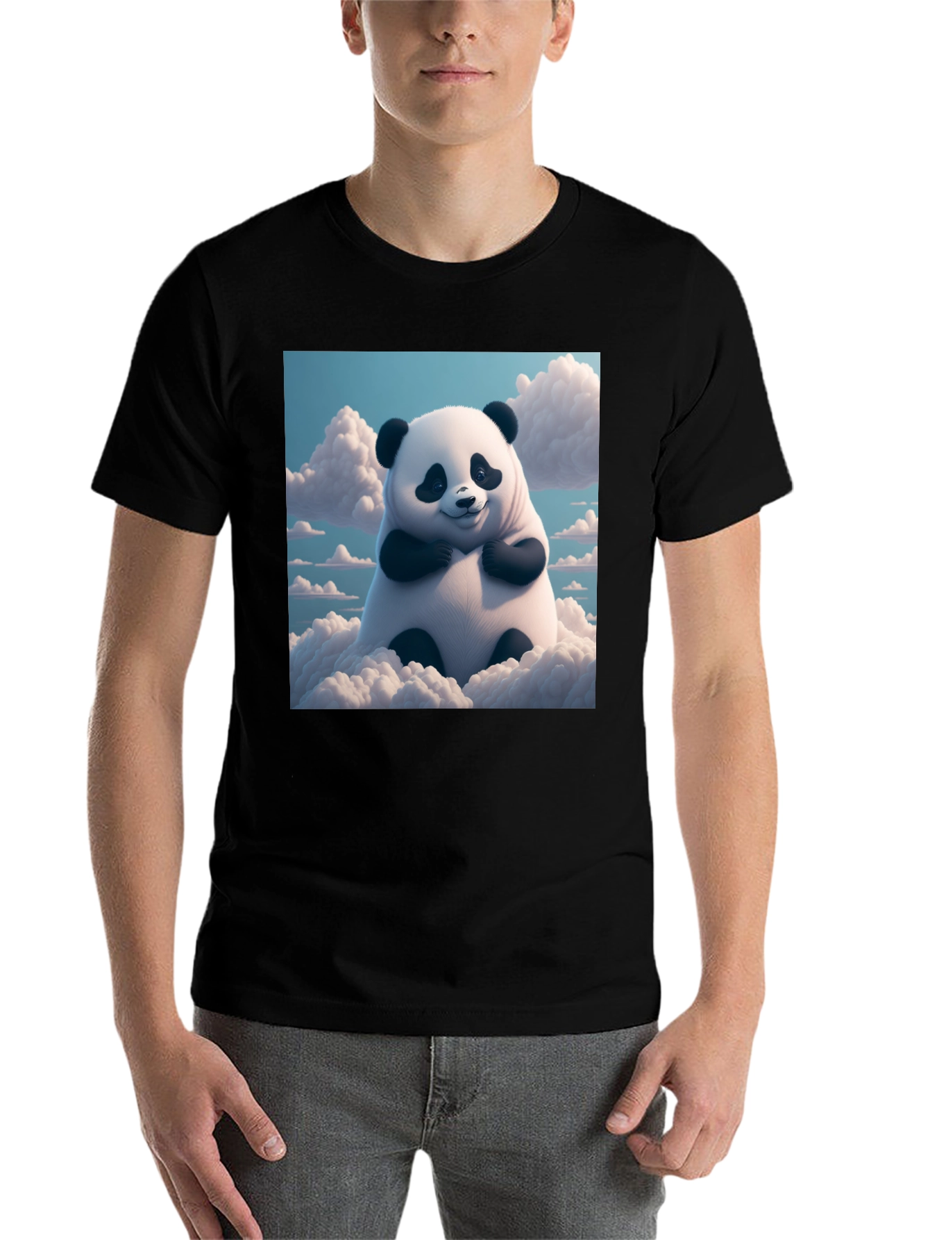 Black Cute Panda in Clouds Graphic Tee - Black Cotton T-Shirt view 7