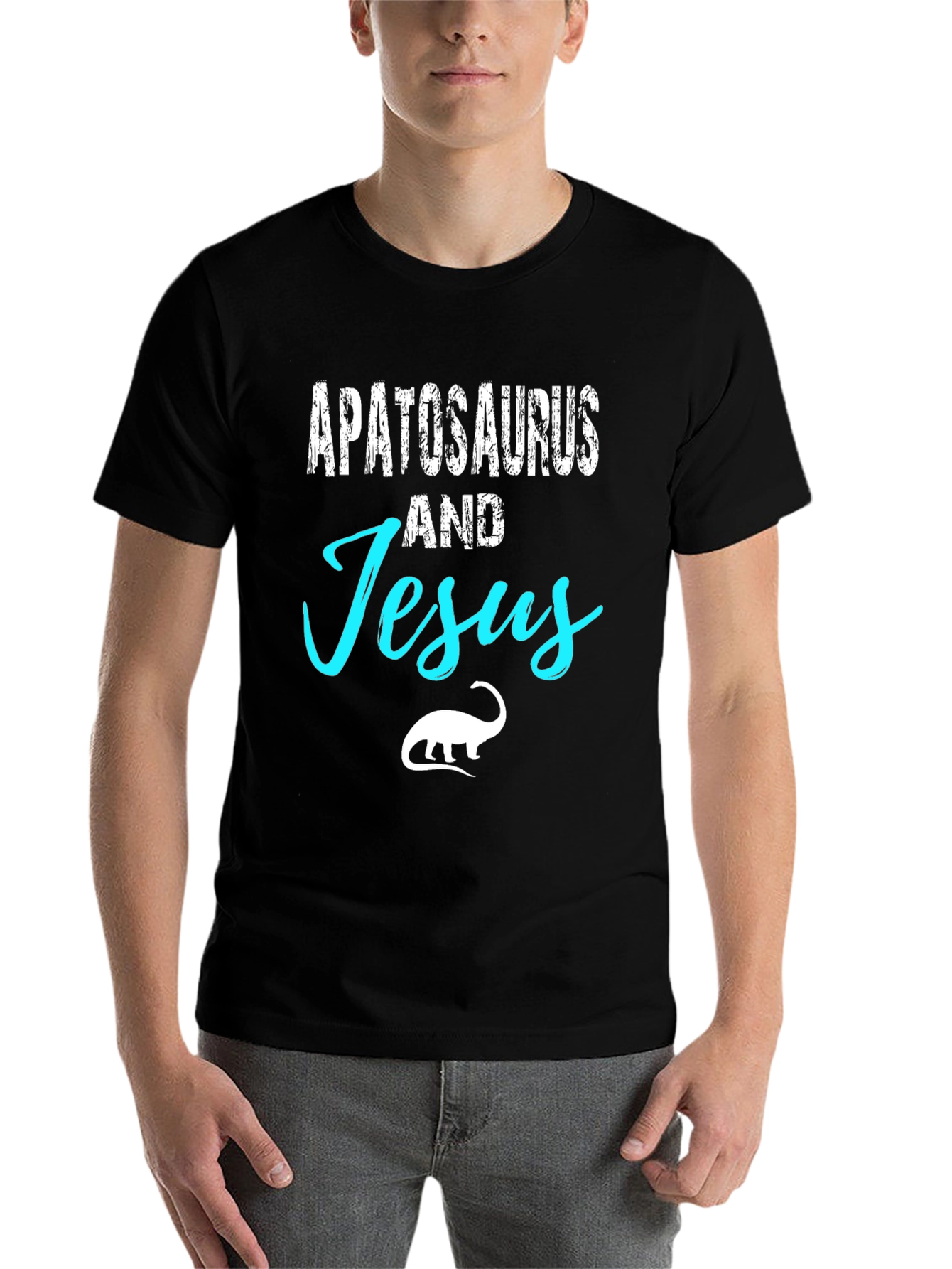 Black Apatosaurus and Jesus Black Graphic T-Shirt view 7