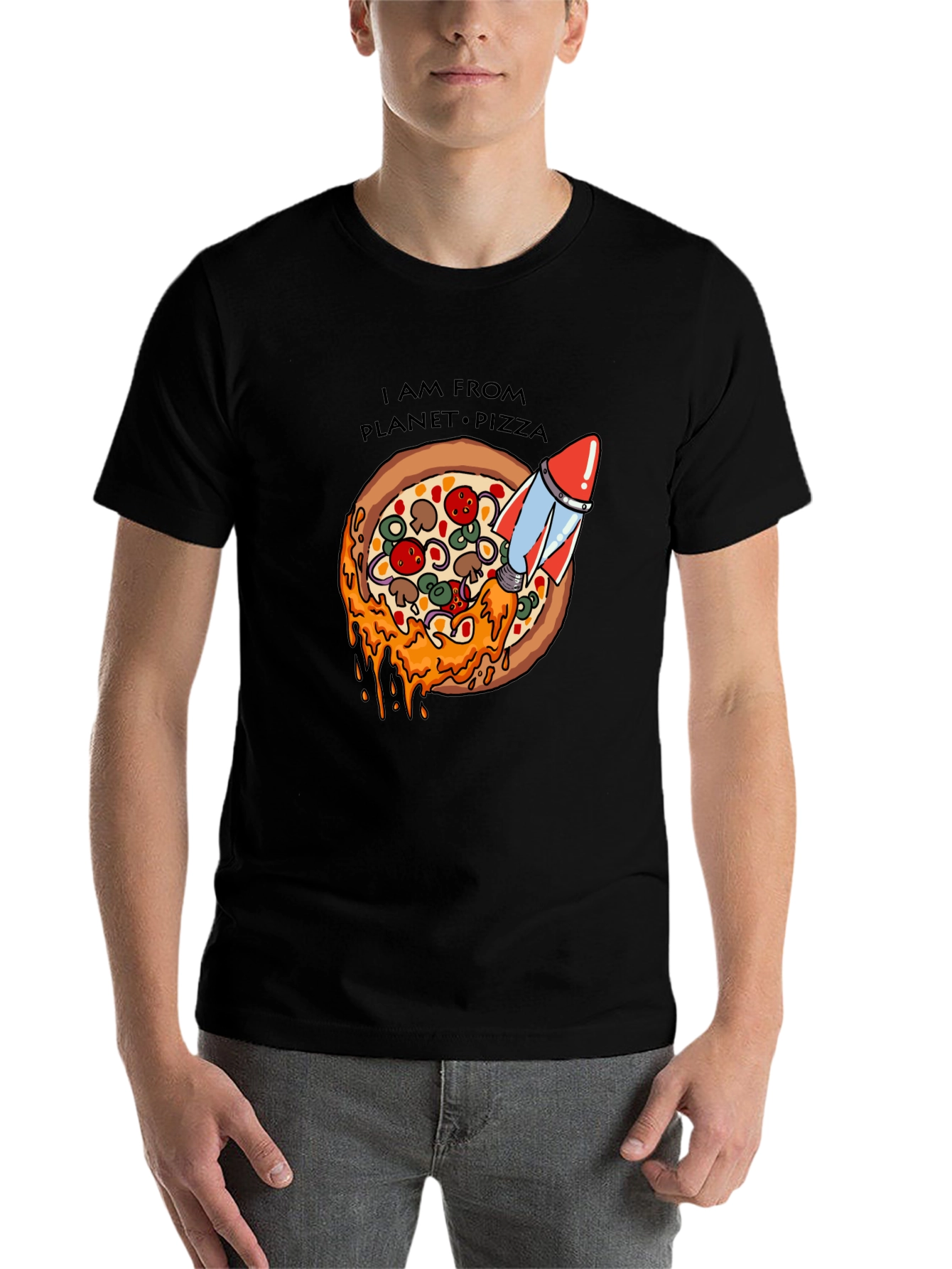 Black Planet Pizza T-Shirt - Rocket Launch Design view 7